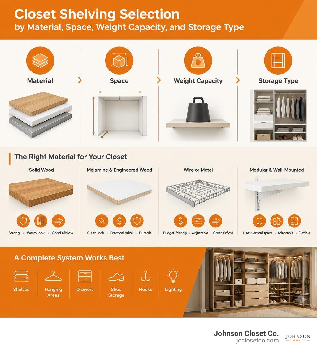 Closet shelving selection by material, space, weight capacity, and storage type infographic Closet shelving selection by material, space, weight capacity, and storage type infographic