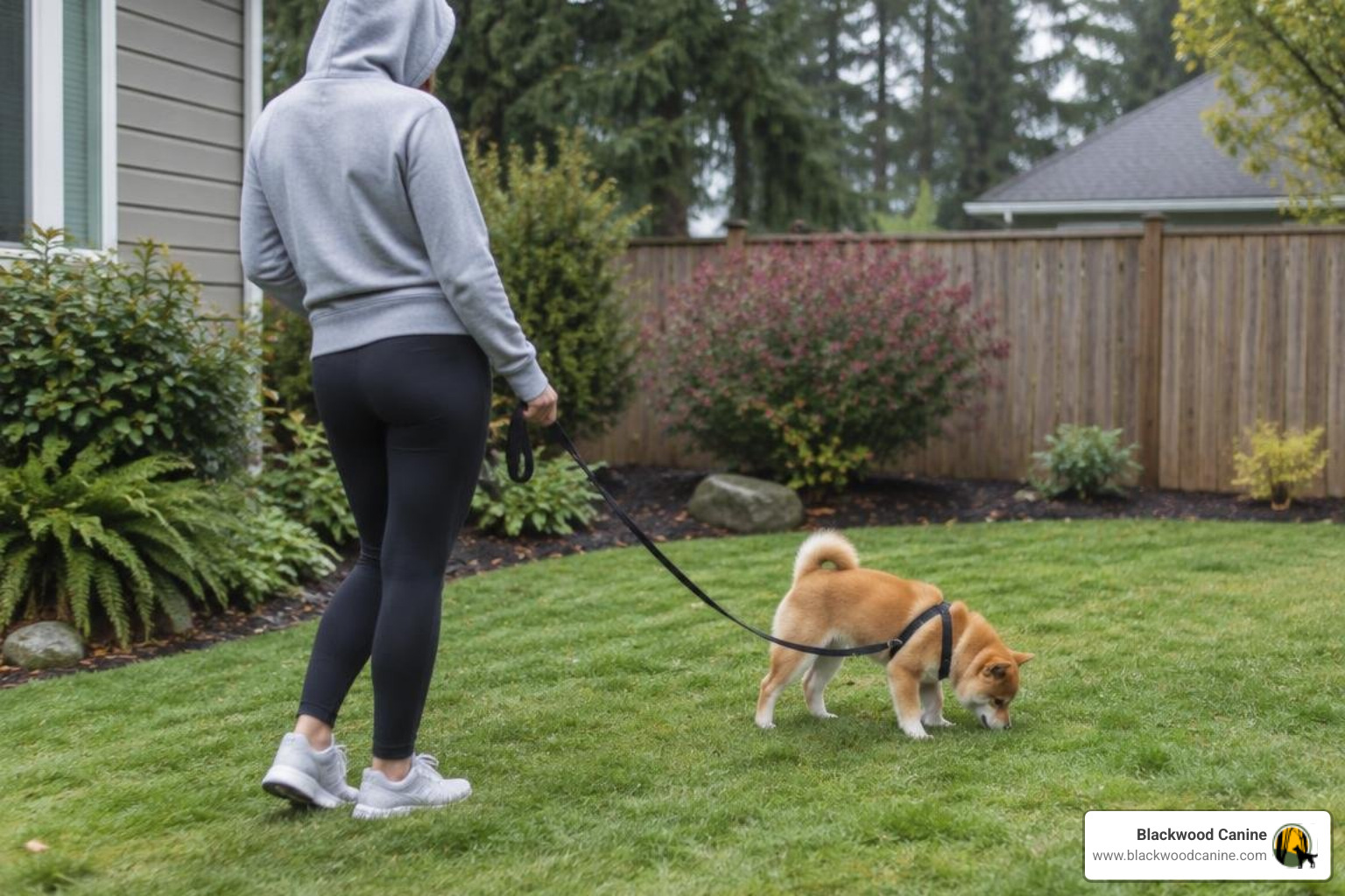 Puppy owner taking dog out on a morning leash walk Puppy owner taking dog out on a morning leash walk