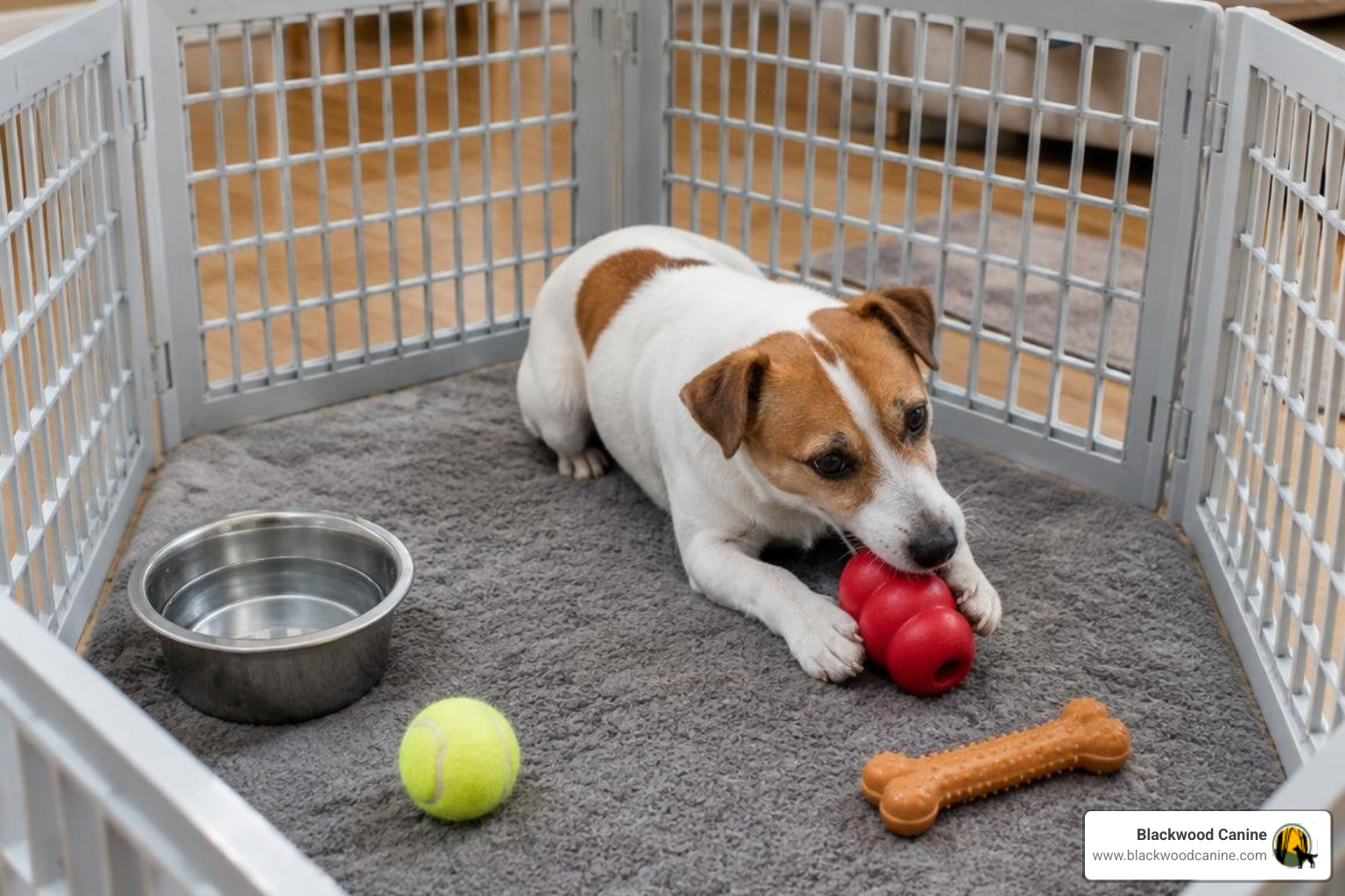 Safe indoor puppy confinement area with chew toys Safe indoor puppy confinement area with chew toys