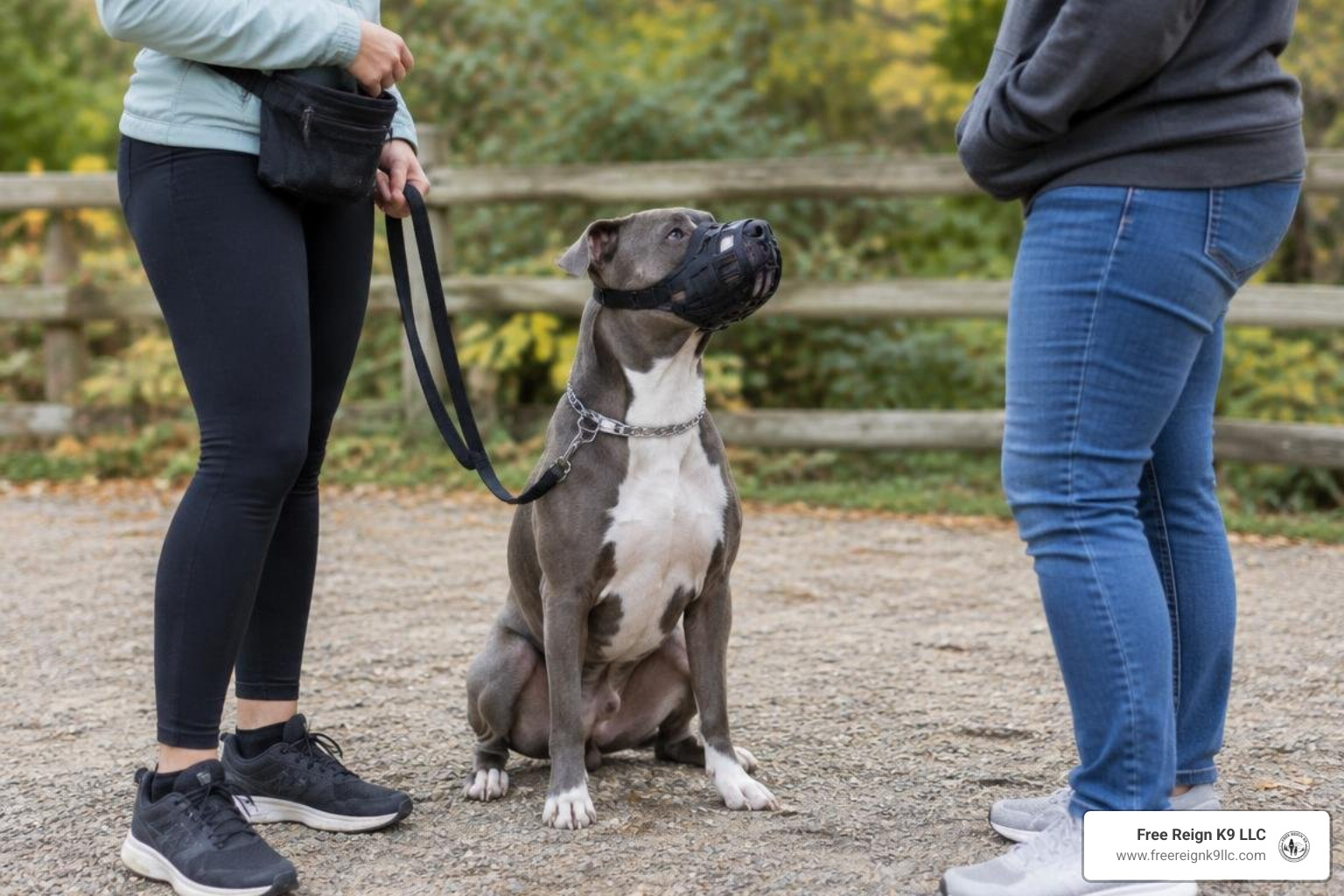 experienced trainer guiding an owner through behavior modification outdoors