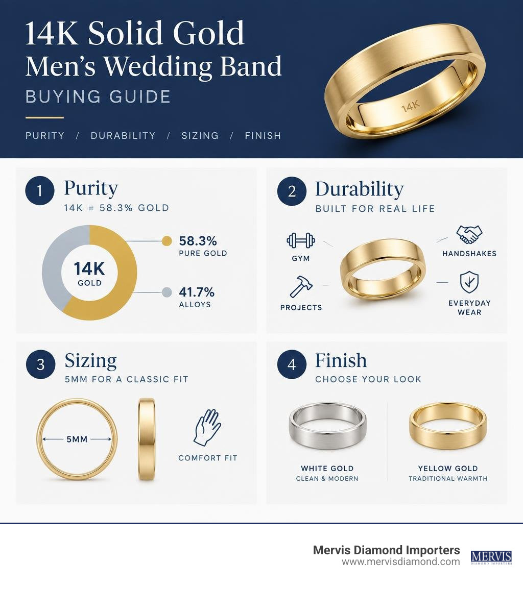 14K gold purity, durability, sizing, and finish buying guide infographic 14K gold purity, durability, sizing, and finish buying guide infographic