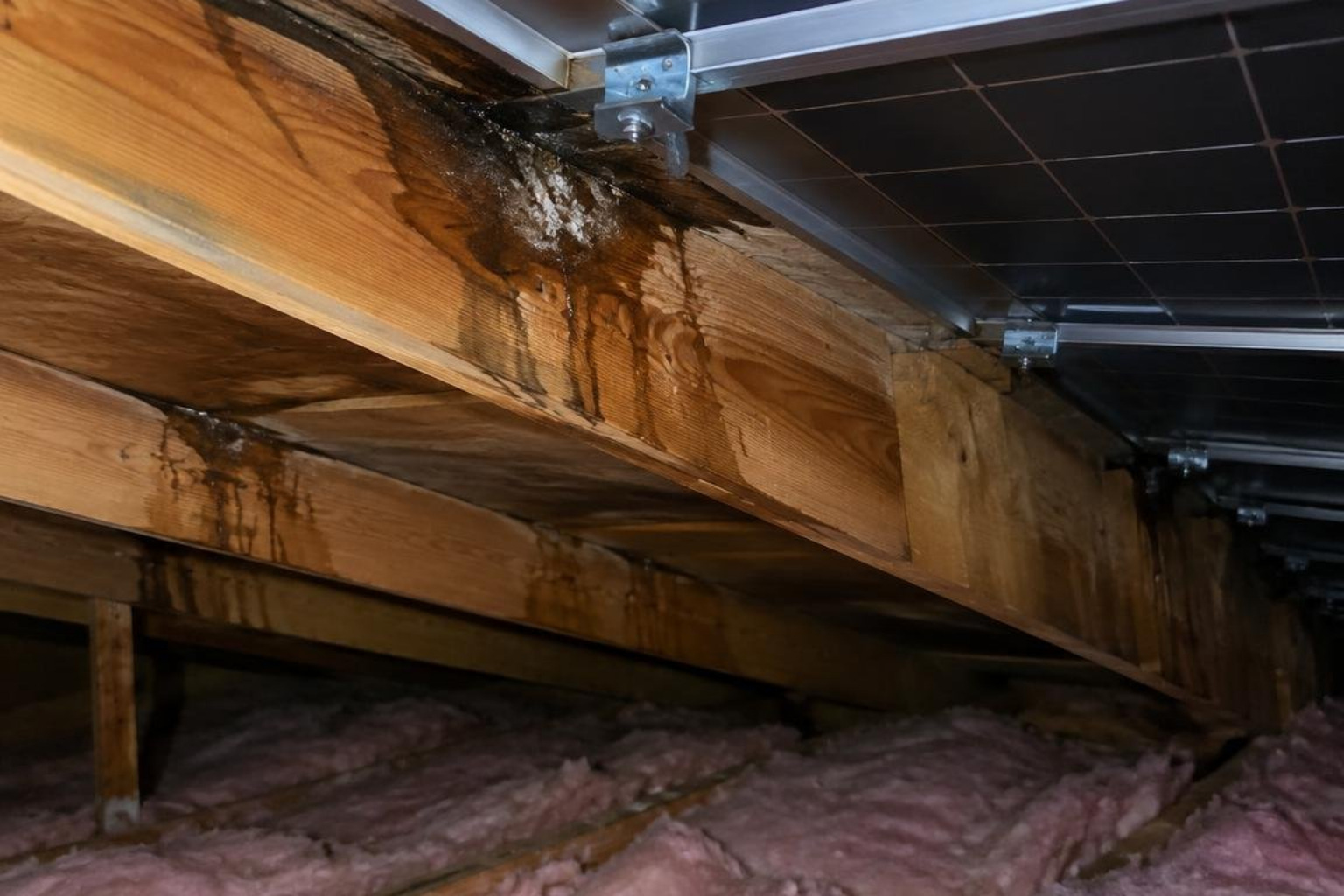 attic inspection showing moisture trail along rafters aligned with solar mounting points attic inspection showing moisture trail along rafters aligned with solar mounting points