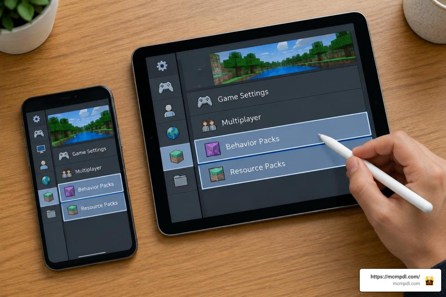 Minecraft Bedrock settings interface showing behavior packs and resource pack installation Minecraft Bedrock settings interface showing behavior packs and resource pack installation