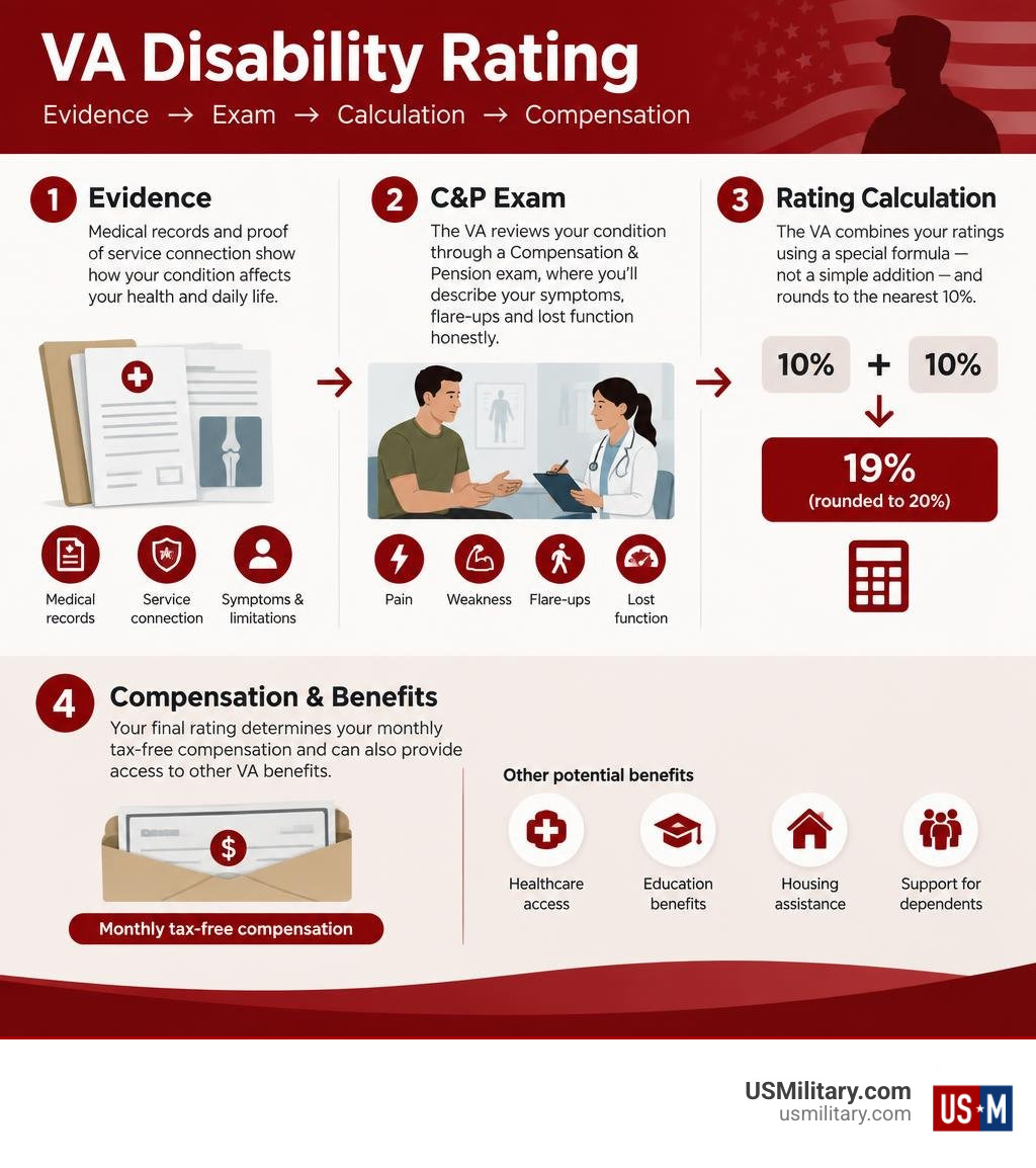 Infographic showing VA disability rating evidence exam calculation and compensation steps infographic Infographic showing VA disability rating evidence exam calculation and compensation steps infographic