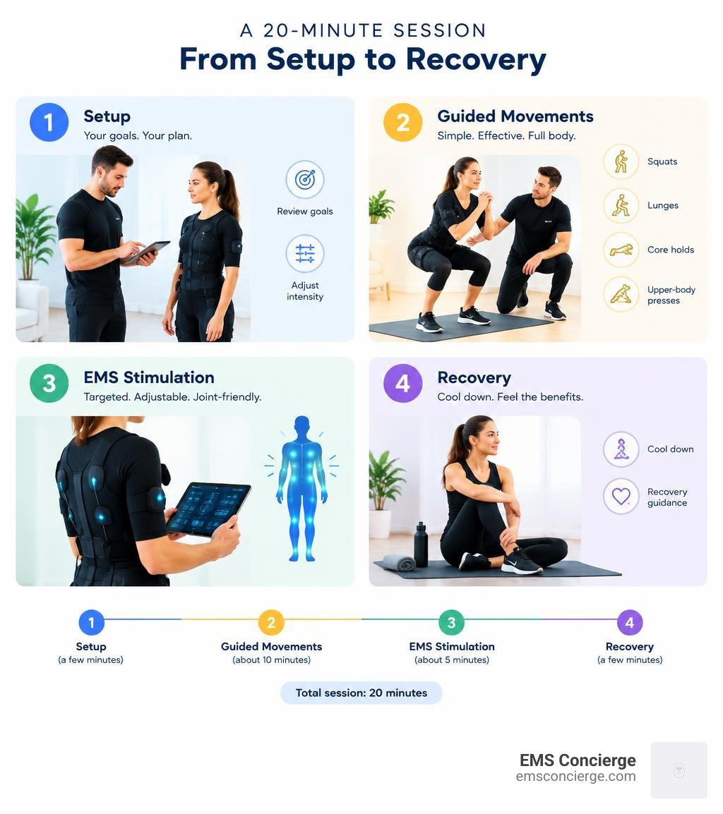 Infographic showing the setup, guided movements, EMS stimulation, and recovery in a 20-minute session infographic