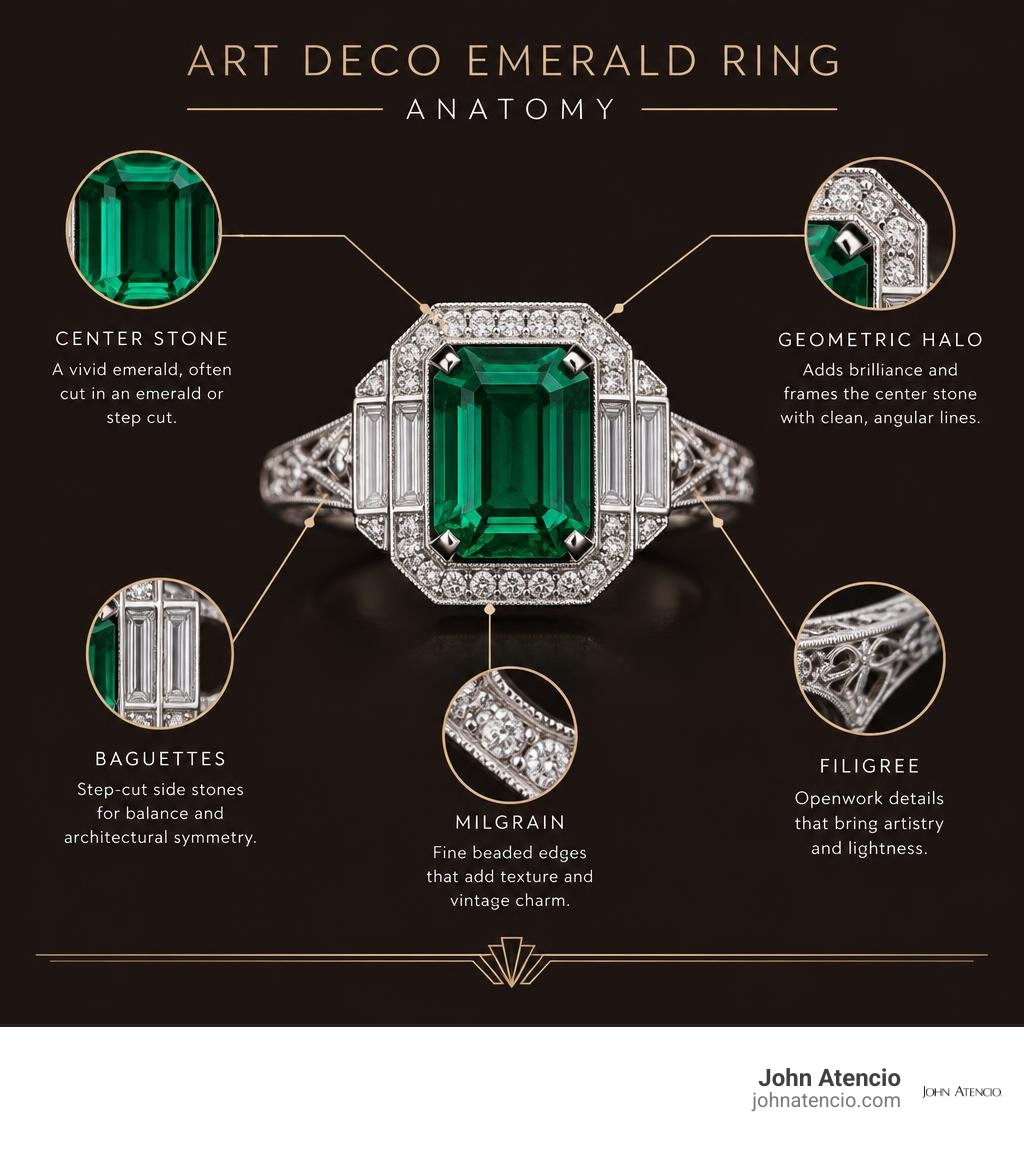 Art Deco emerald ring anatomy: center stone, geometric halo, baguettes, milgrain, filigree infographic