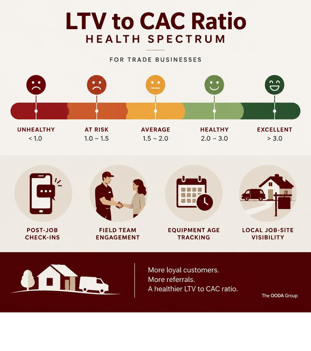 LTV to CAC ratio health spectrum for trade businesses infographic LTV to CAC ratio health spectrum for trade businesses infographic