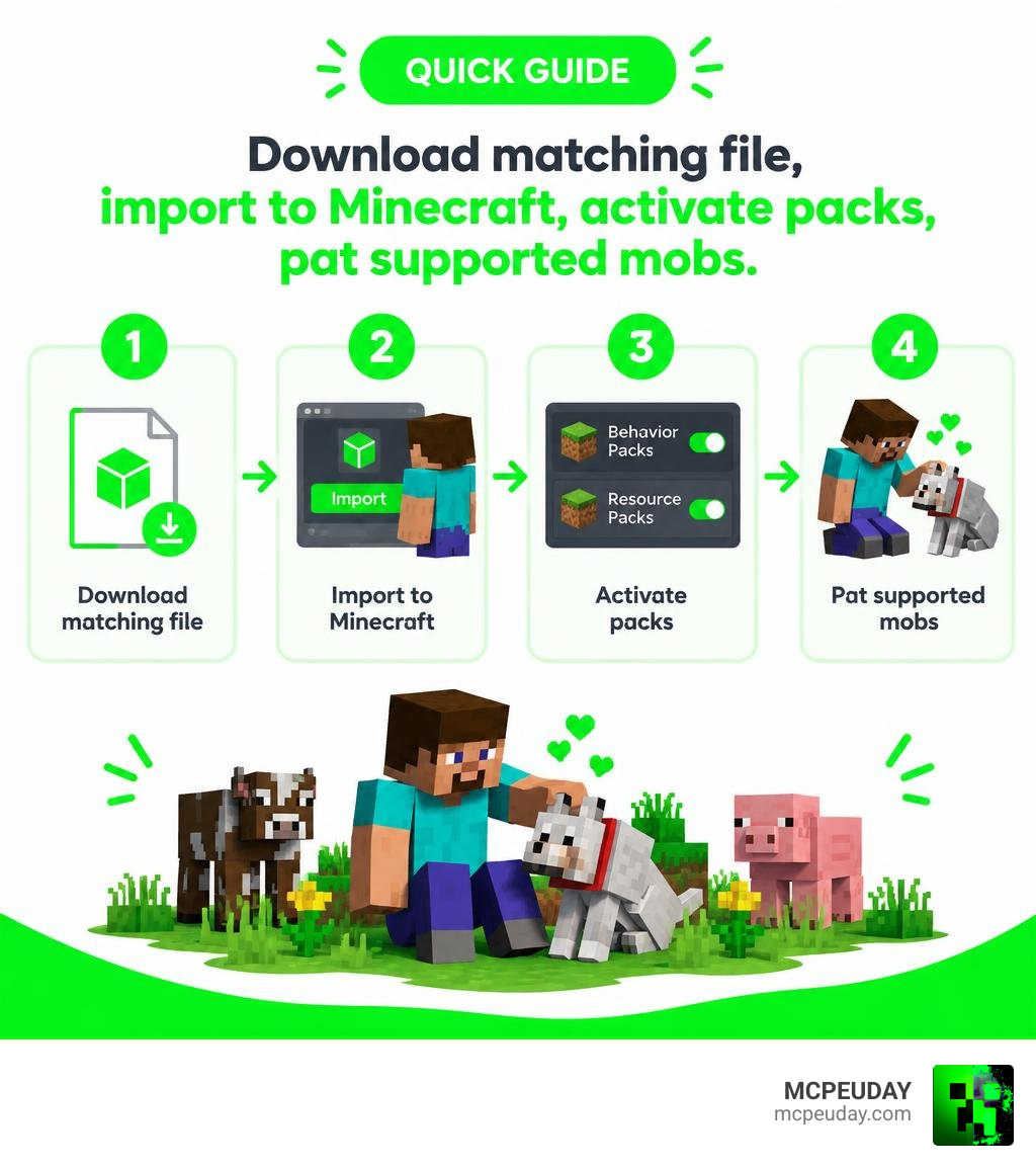 Quick guide: download matching file, import to Minecraft, activate packs, pat supported mobs infographic Quick guide: download matching file, import to Minecraft, activate packs, pat supported mobs infographic