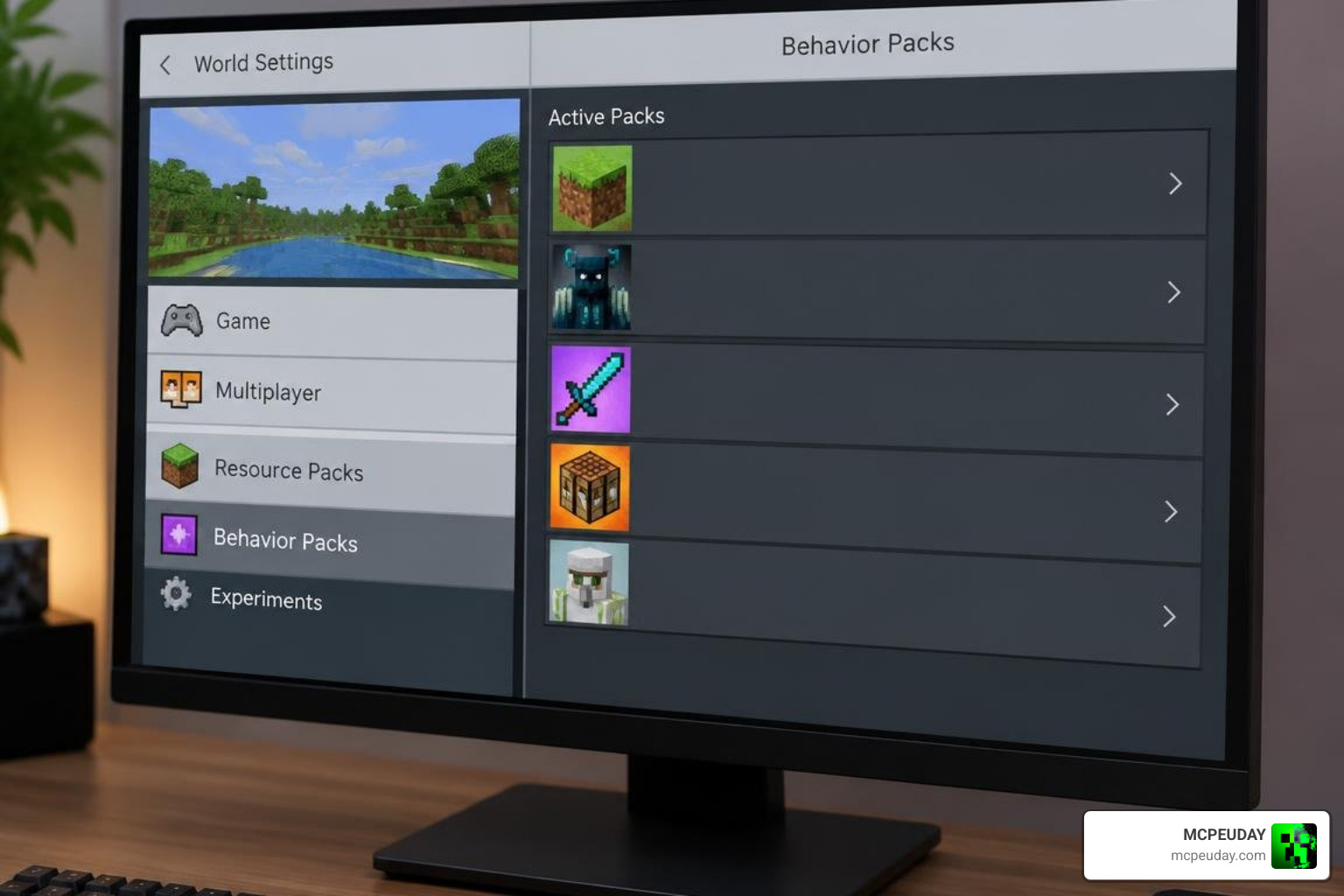 Active behavior pack settings menu in Bedrock Edition Active behavior pack settings menu in Bedrock Edition