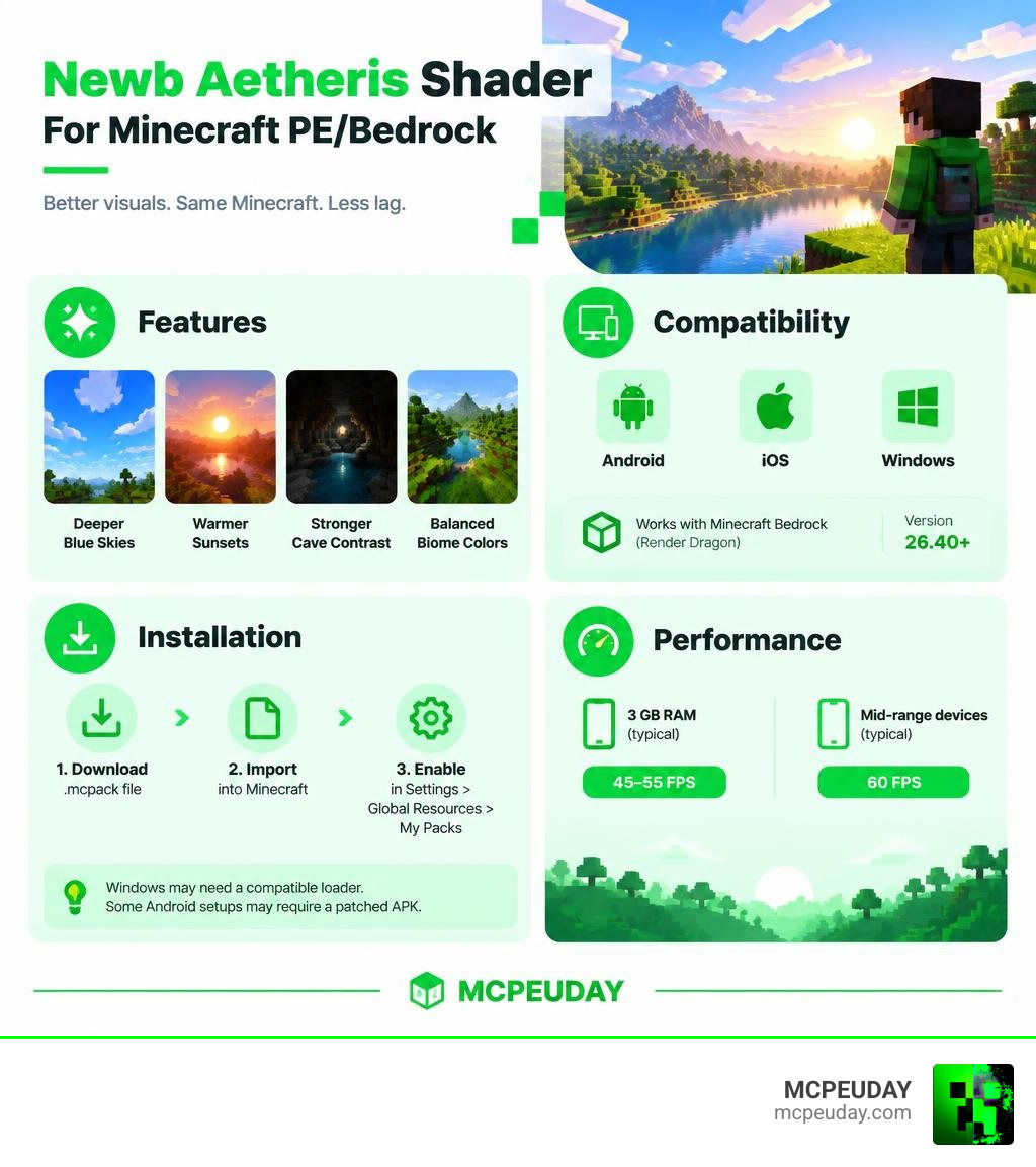 Newb Aetheris shader features, compatibility, installation, and performance infographic Newb Aetheris shader features, compatibility, installation, and performance infographic