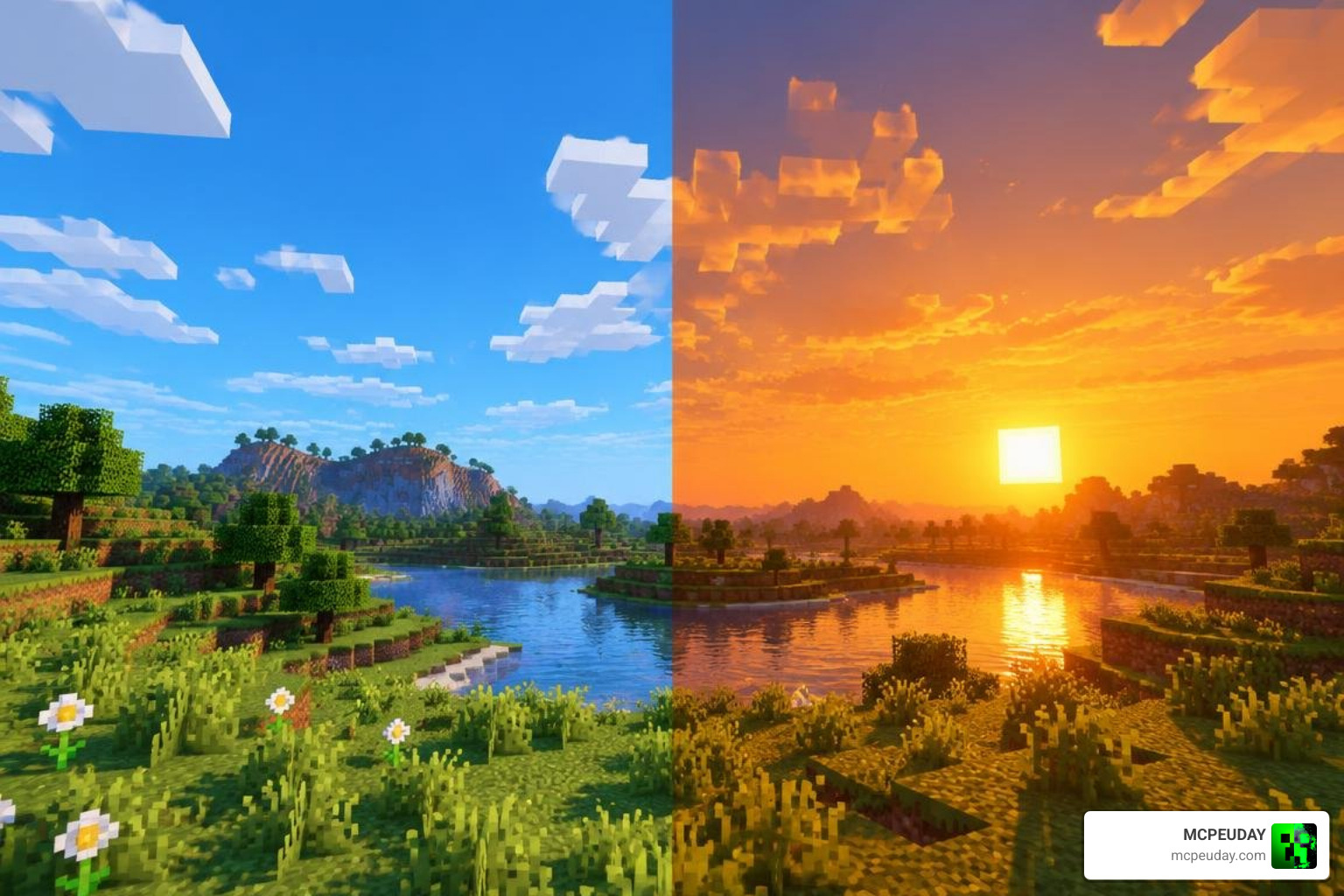 Daytime sky and sunset lighting in Minecraft Bedrock Daytime sky and sunset lighting in Minecraft Bedrock