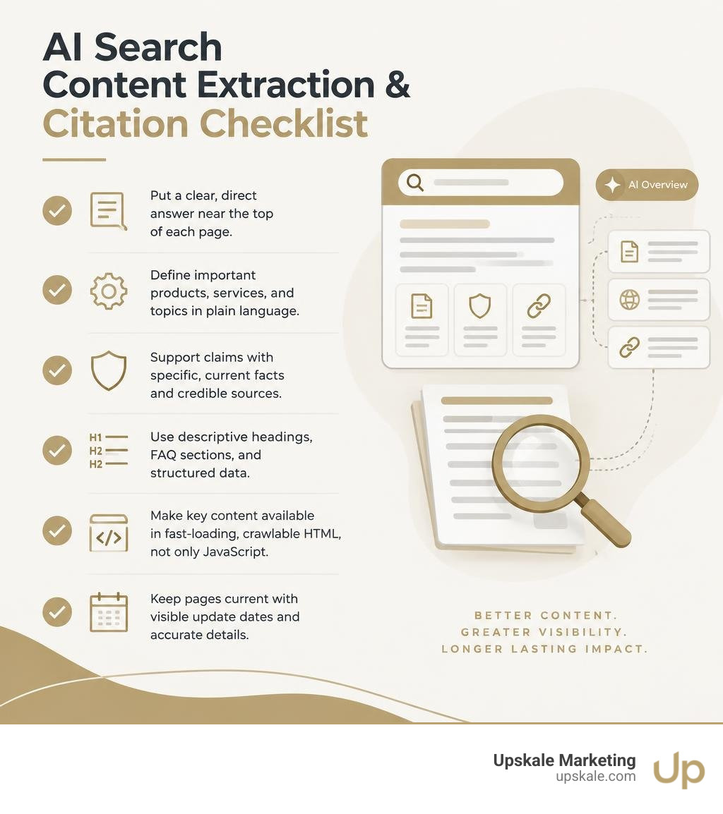 AI search content extraction and citation checklist infographic AI search content extraction and citation checklist infographic