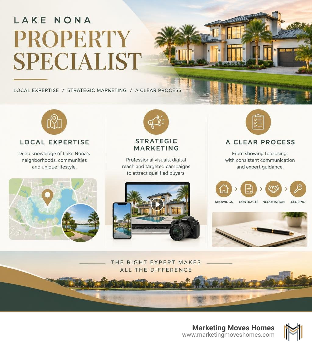 Lake Nona property specialist infographic featuring local expertise, strategic marketing, and a clear process, with no Lake Nona property specialist infographic featuring local expertise, strategic marketing, and a clear process, with no