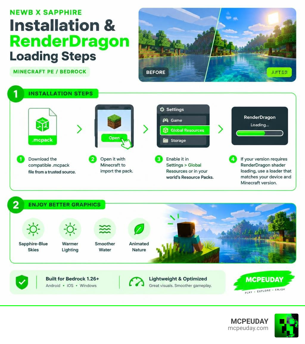 NEWB X SAPPHIRE installation and RenderDragon loading steps infographic NEWB X SAPPHIRE installation and RenderDragon loading steps infographic