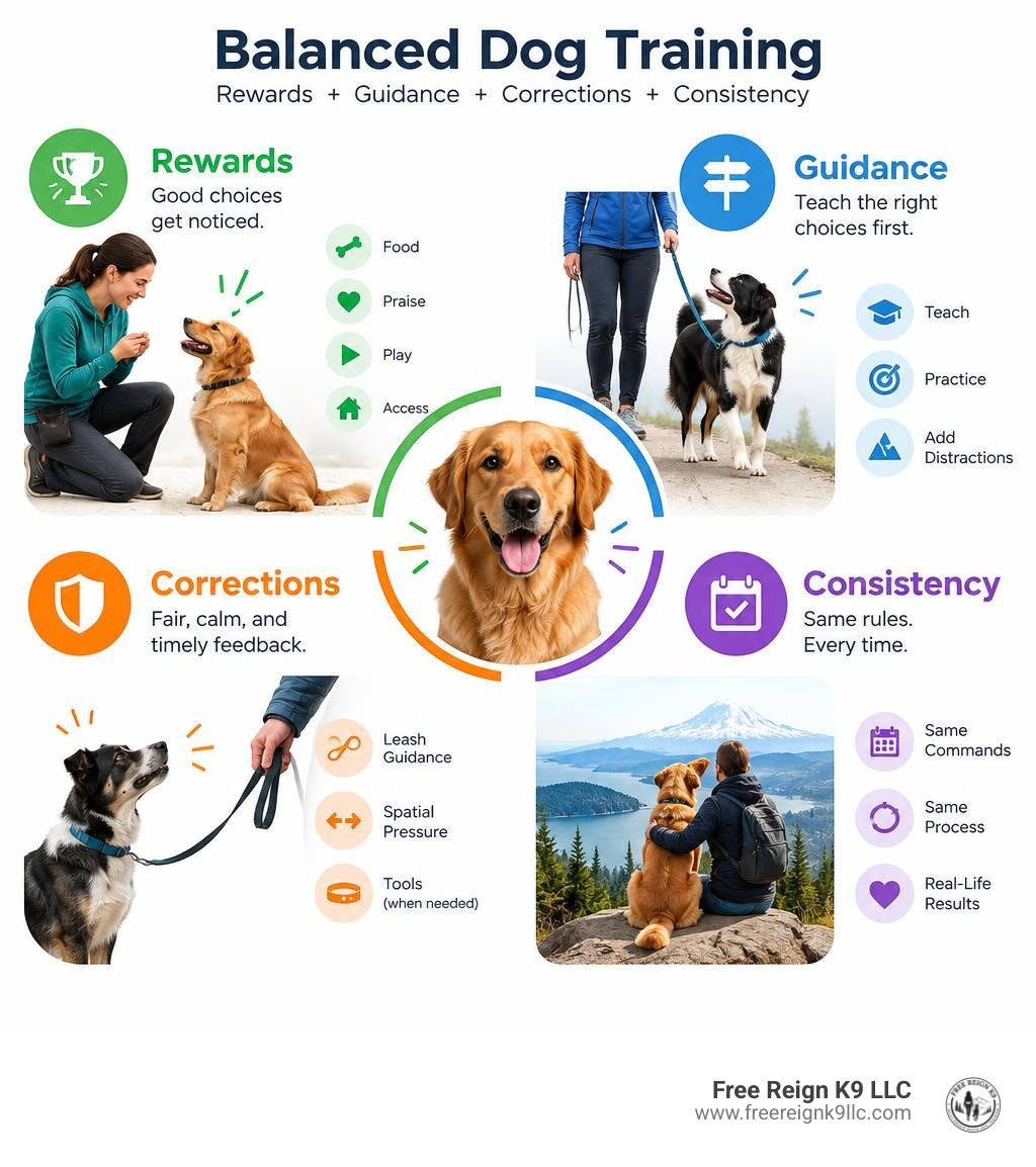 Balanced dog training infographic showing rewards, guidance, corrections, and consistency infographic Balanced dog training infographic showing rewards, guidance, corrections, and consistency infographic