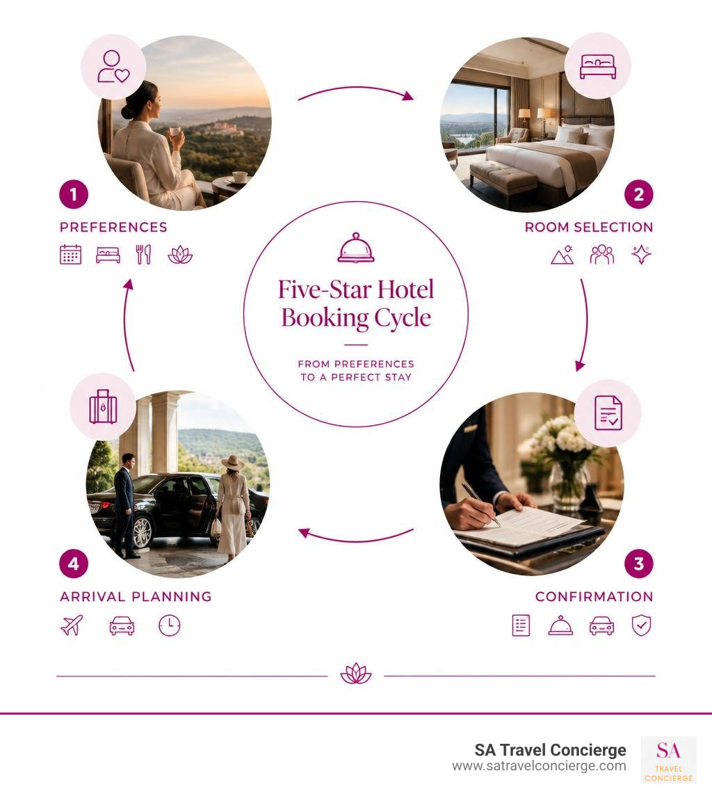 Five-star hotel booking cycle: preferences, room selection, confirmation, arrival planning infographic Five-star hotel booking cycle: preferences, room selection, confirmation, arrival planning infographic