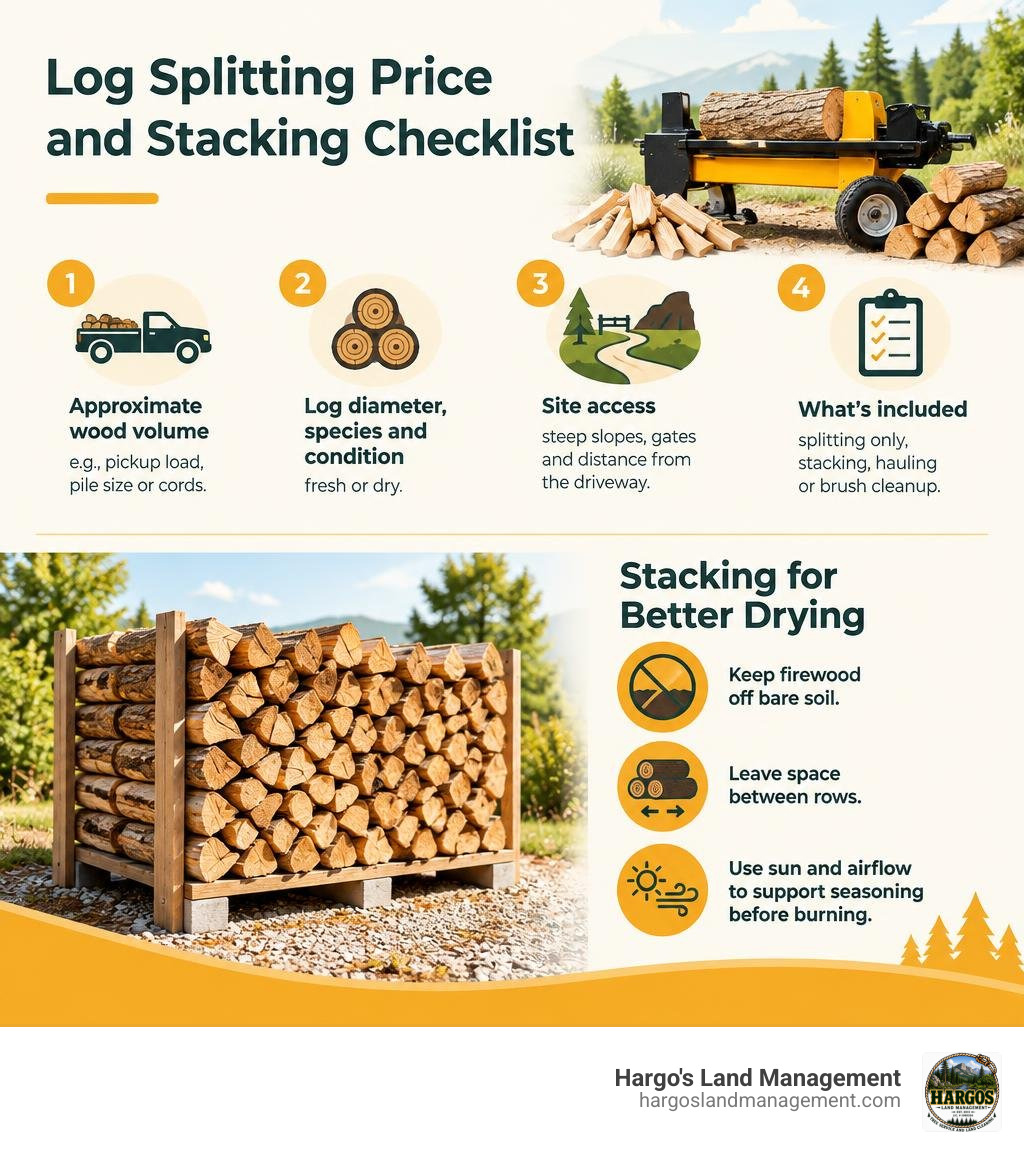 Log splitting price and stacking checklist infographic Log splitting price and stacking checklist infographic
