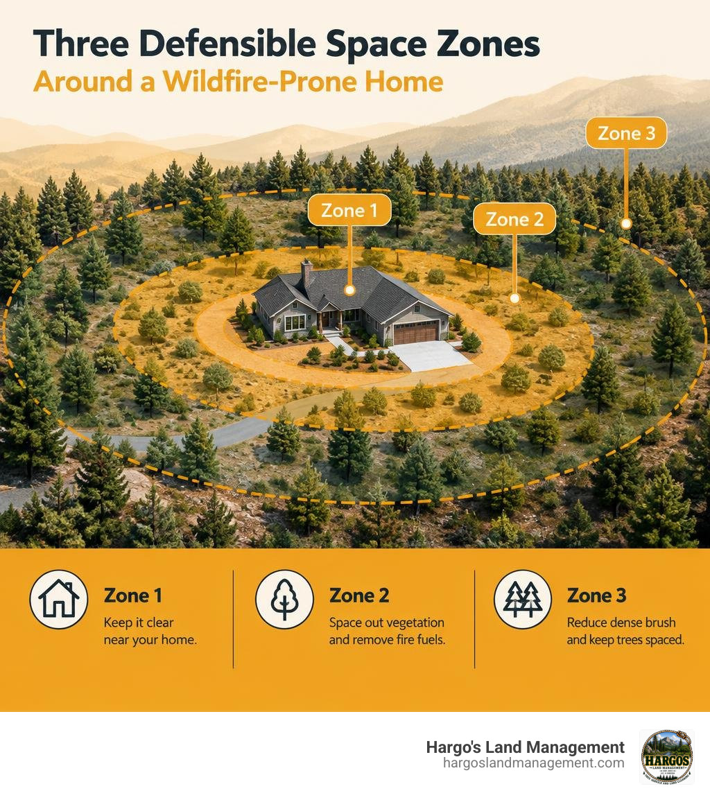 Three defensible space zones around a wildfire-prone home infographic Three defensible space zones around a wildfire-prone home infographic