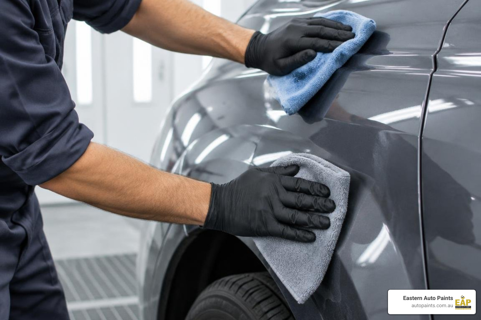 two-cloth degreasing technique on a curved vehicle fender