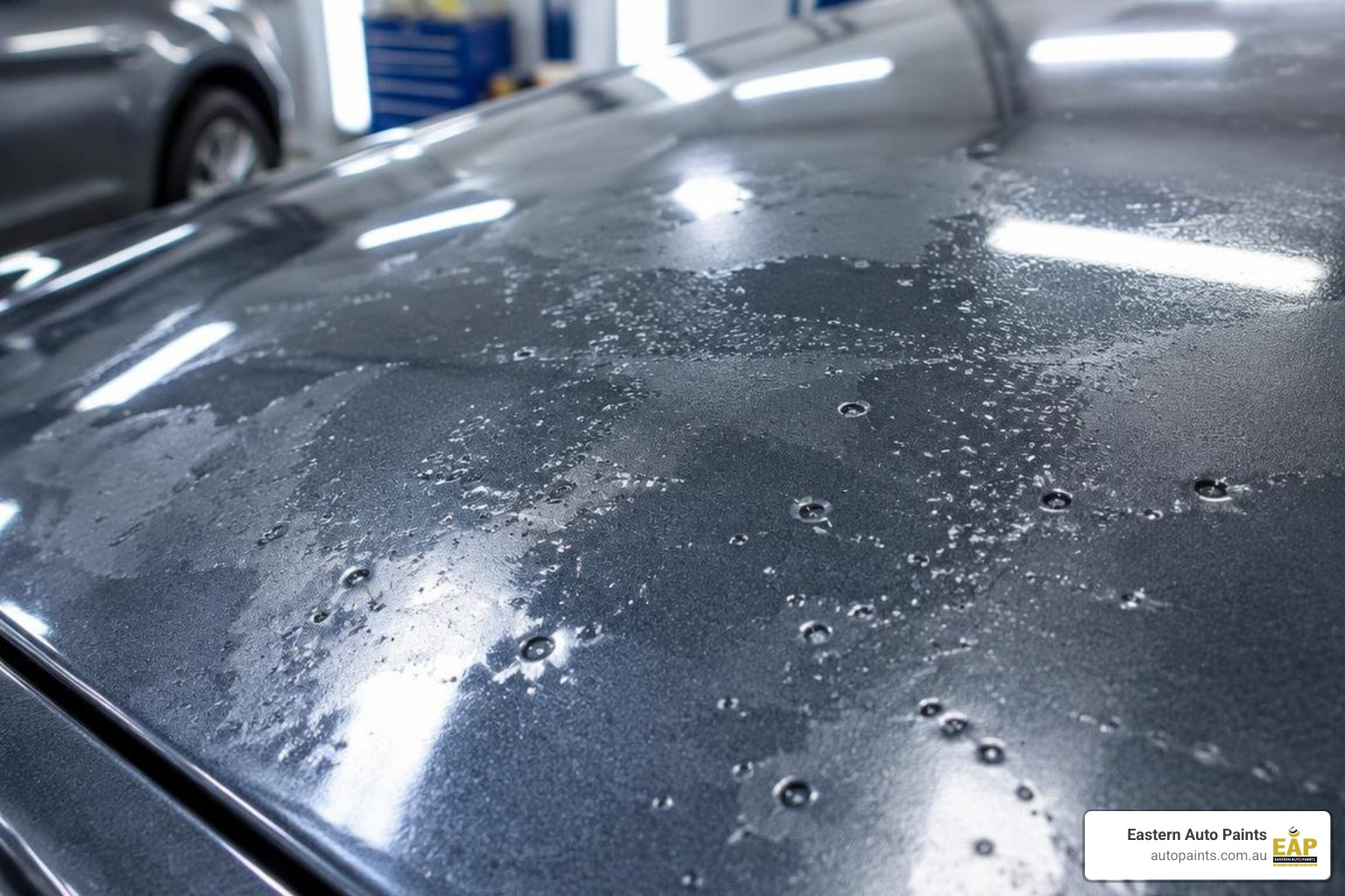 automotive panel wipe solvent being applied with a microfibre cloth to a prepared vehicle panel in a professional spray booth