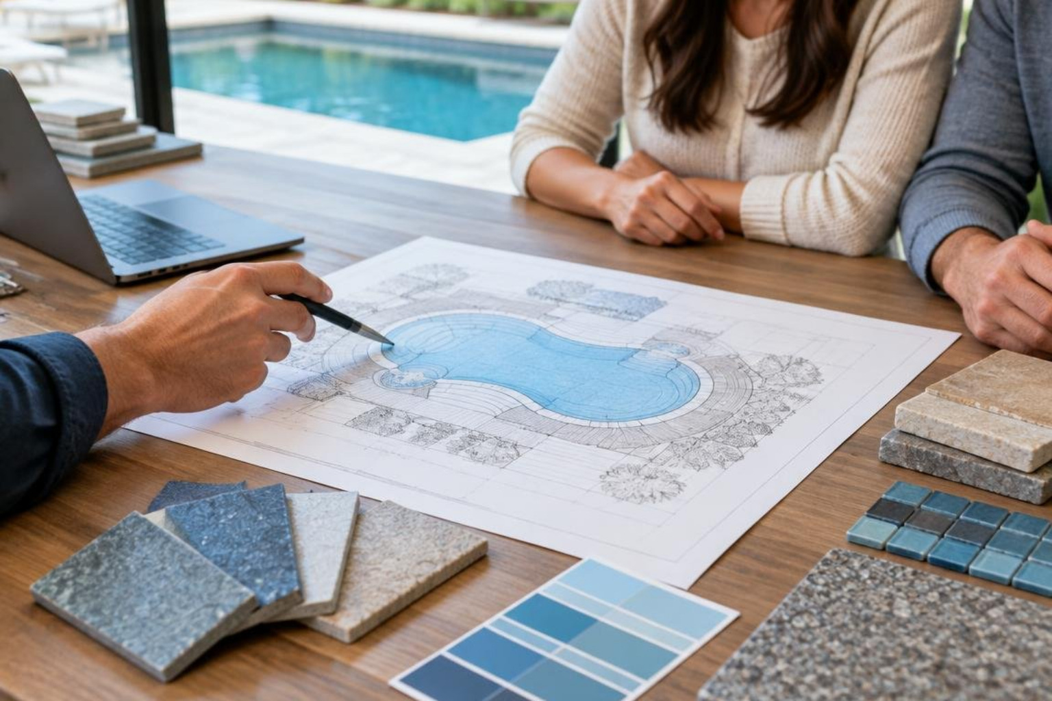 Custom gunite pool construction plan with material samples on table Custom gunite pool construction plan with material samples on table