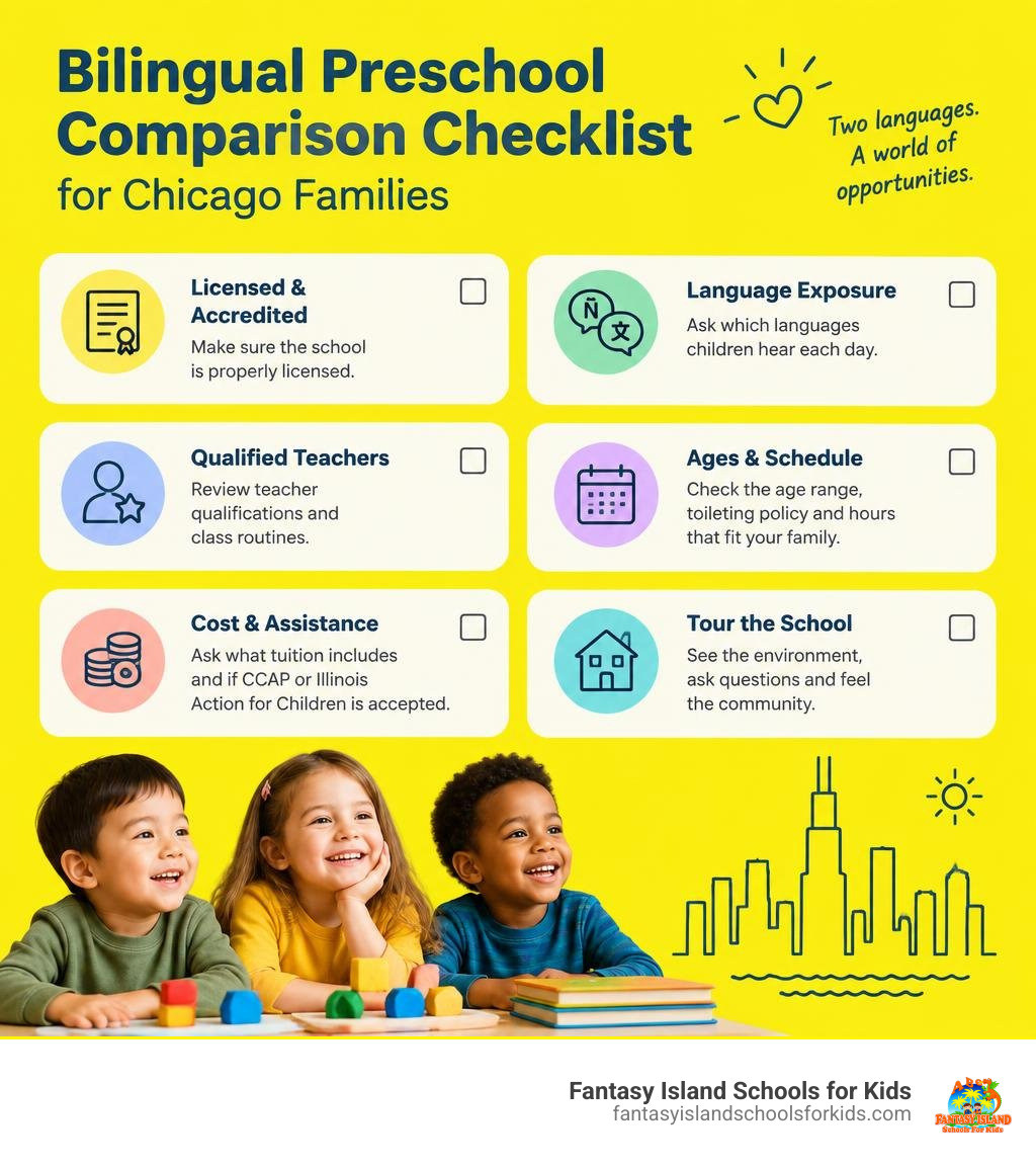 Bilingual preschool comparison checklist for Chicago families infographic