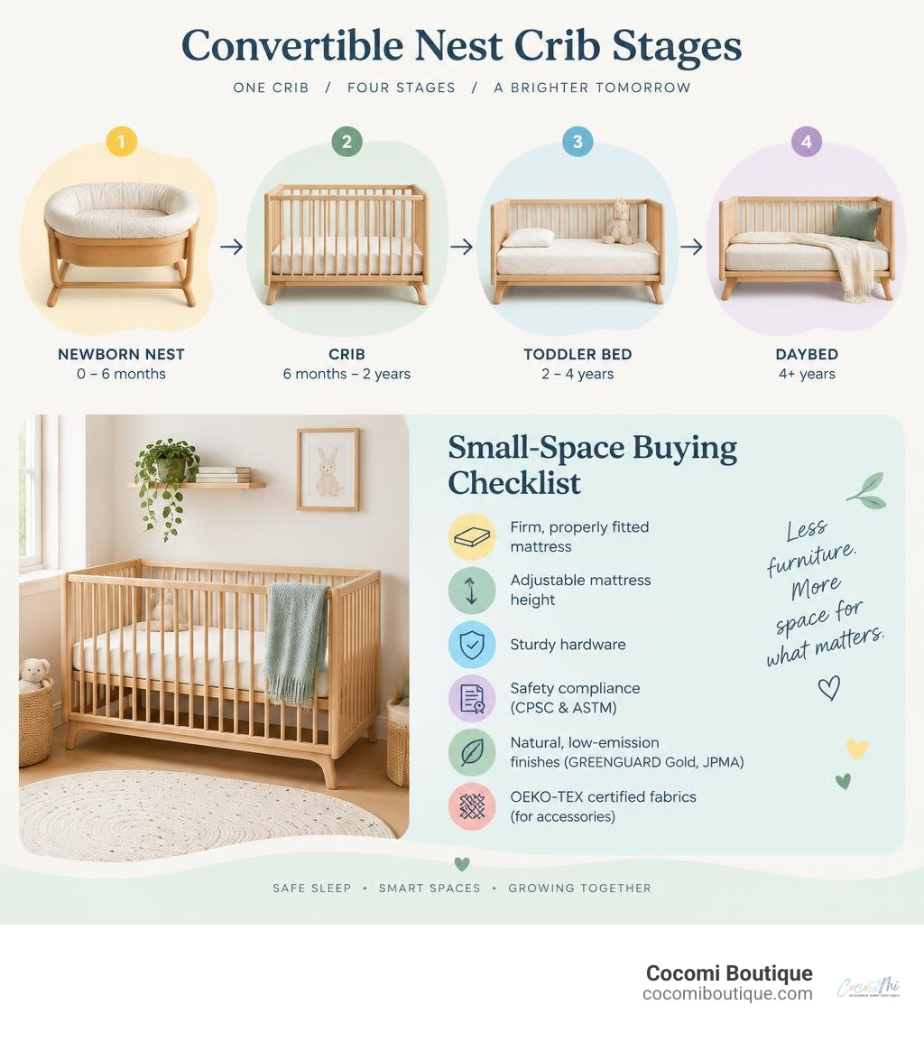Convertible nest crib stages and small-space buying checklist infographic