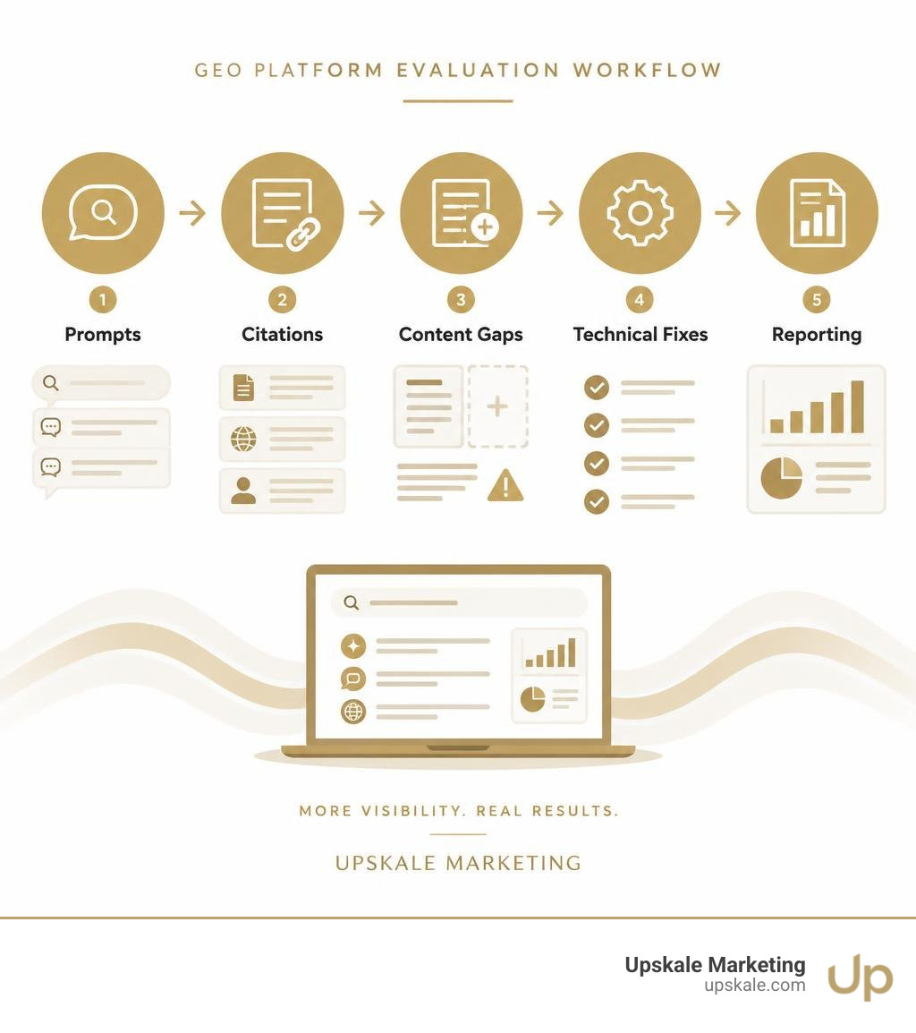 GEO platform evaluation workflow: prompts, citations, content gaps, technical fixes, reporting infographic GEO platform evaluation workflow: prompts, citations, content gaps, technical fixes, reporting infographic