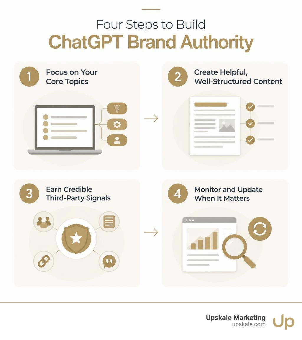 Infographic showing four steps to build ChatGPT brand authority infographic Infographic showing four steps to build ChatGPT brand authority infographic