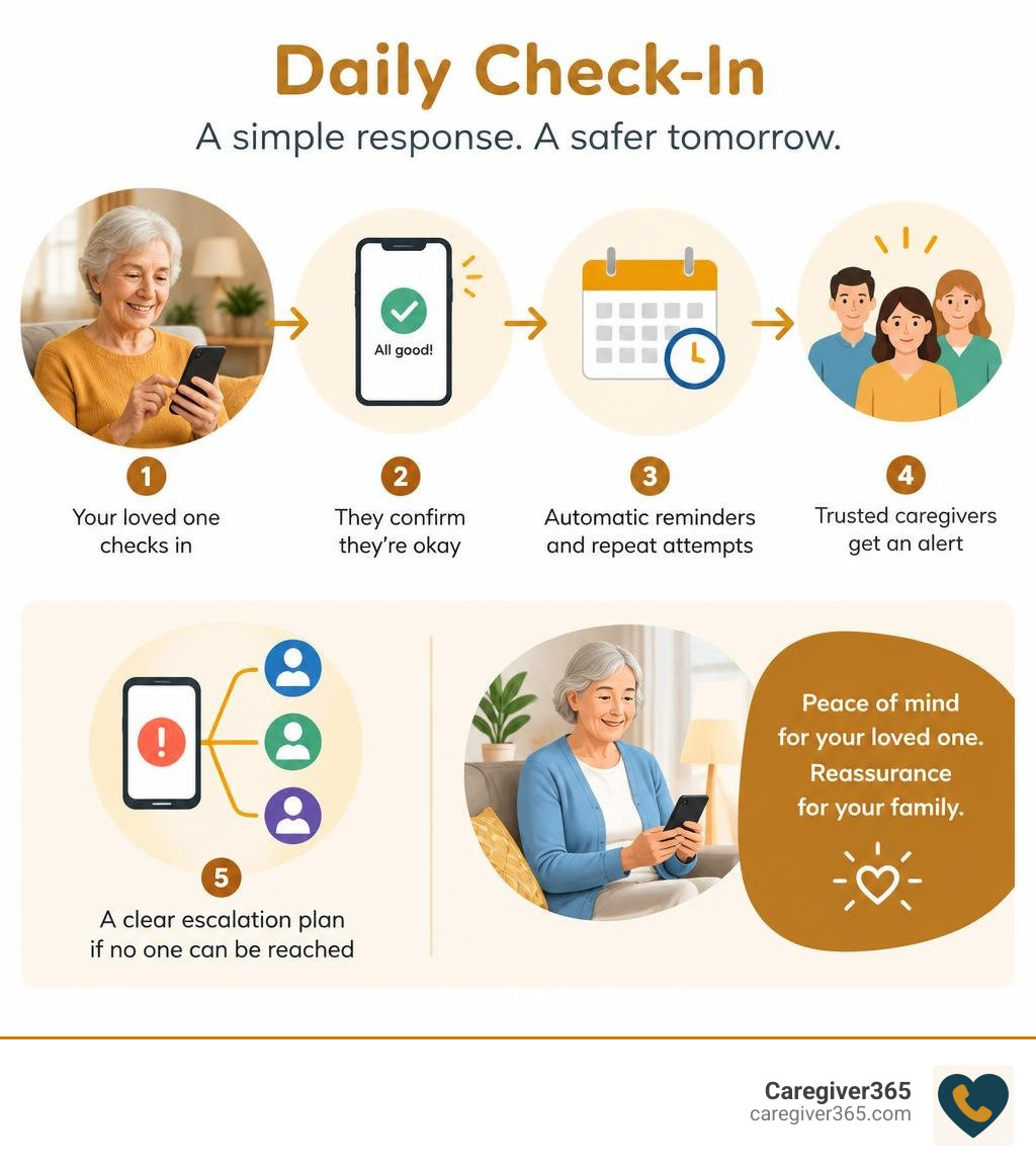 infographic showing senior daily check-in reminder response and caregiver alert steps infographic