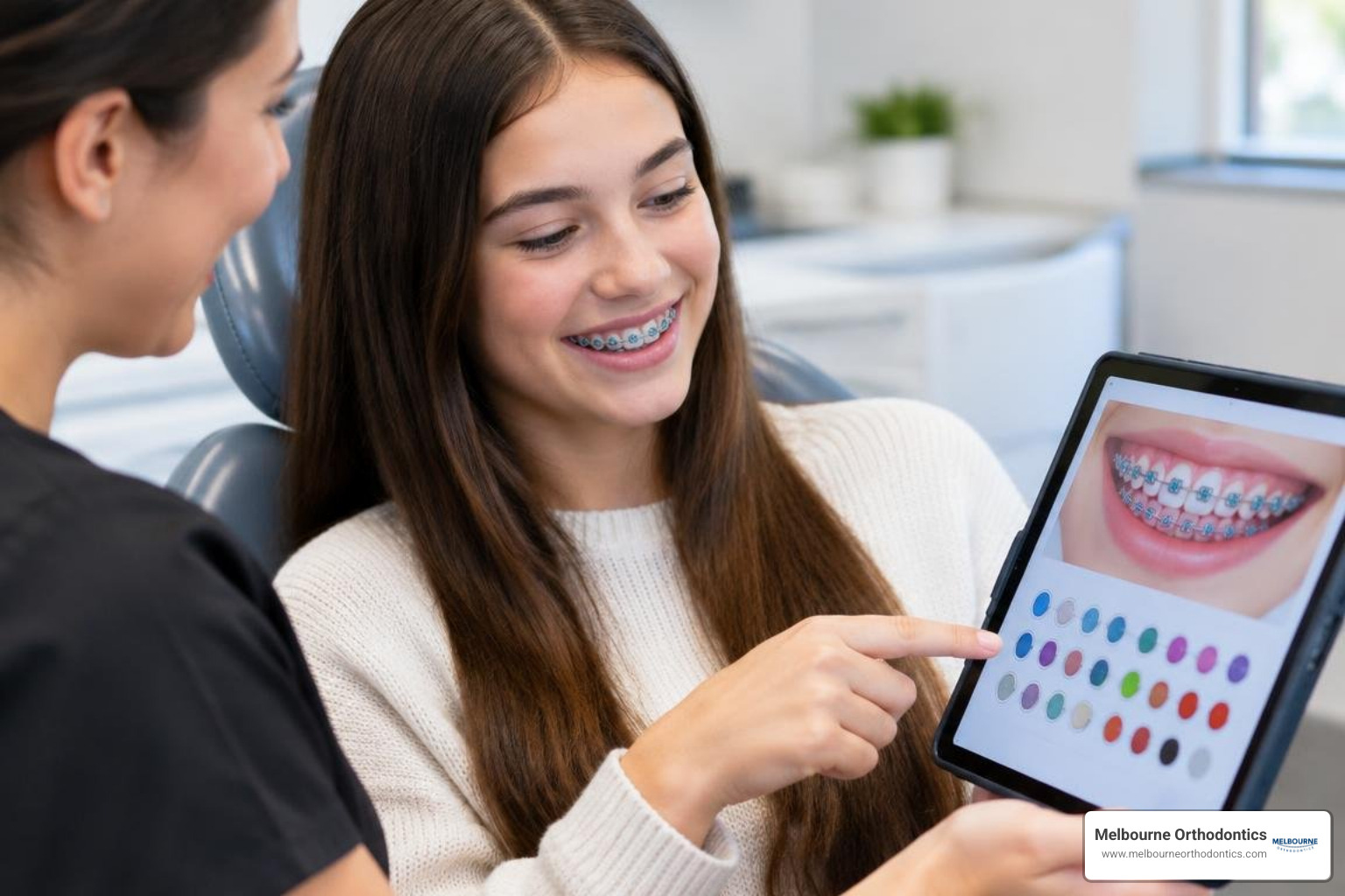 Patient using a digital preview tool to select braces band colors Patient using a digital preview tool to select braces band colors