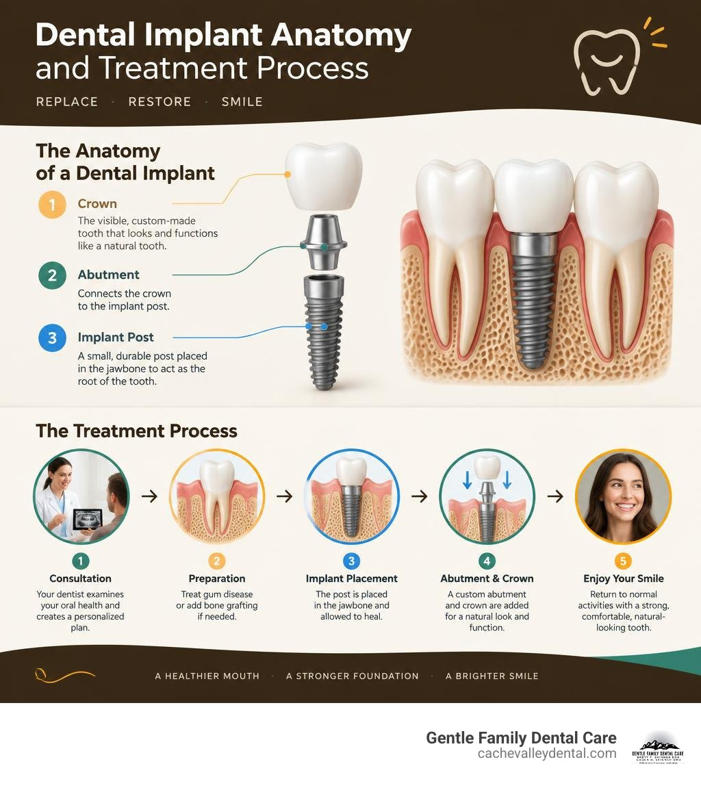 Dental implant anatomy and treatment process infographic