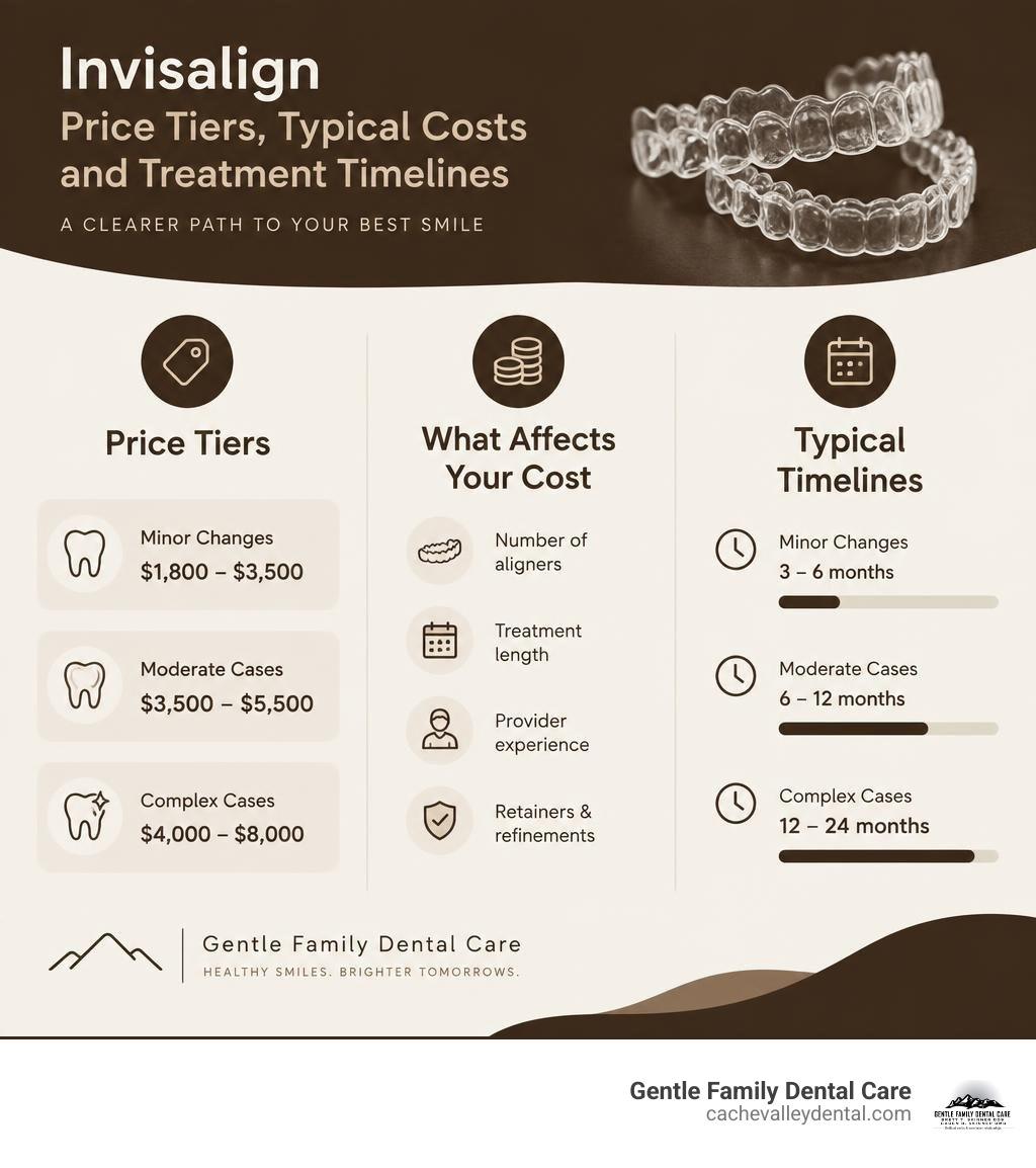 Invisalign price tiers, typical costs, and treatment timelines infographic