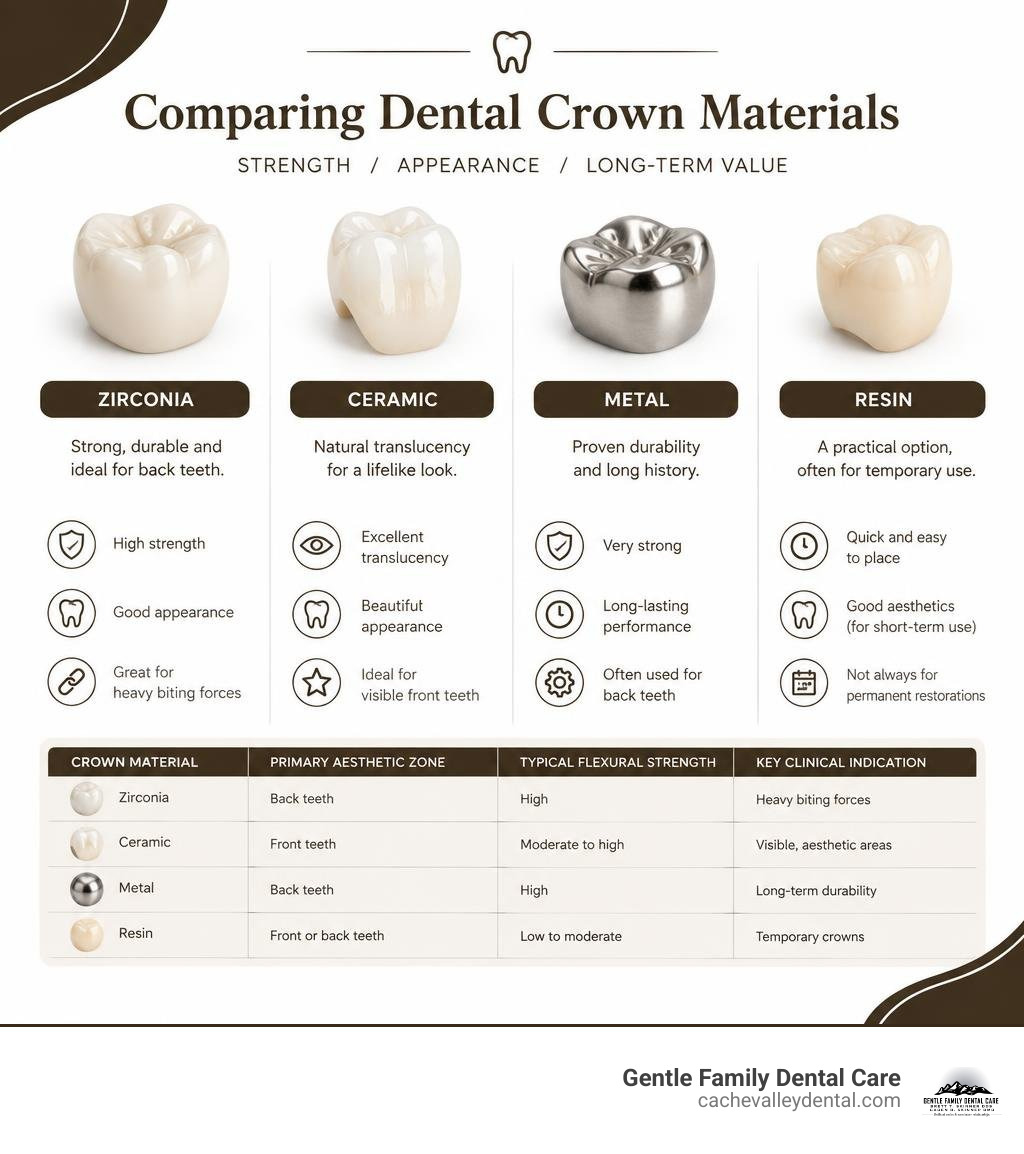 comparison of zirconia ceramic metal and resin dental crown materials infographic