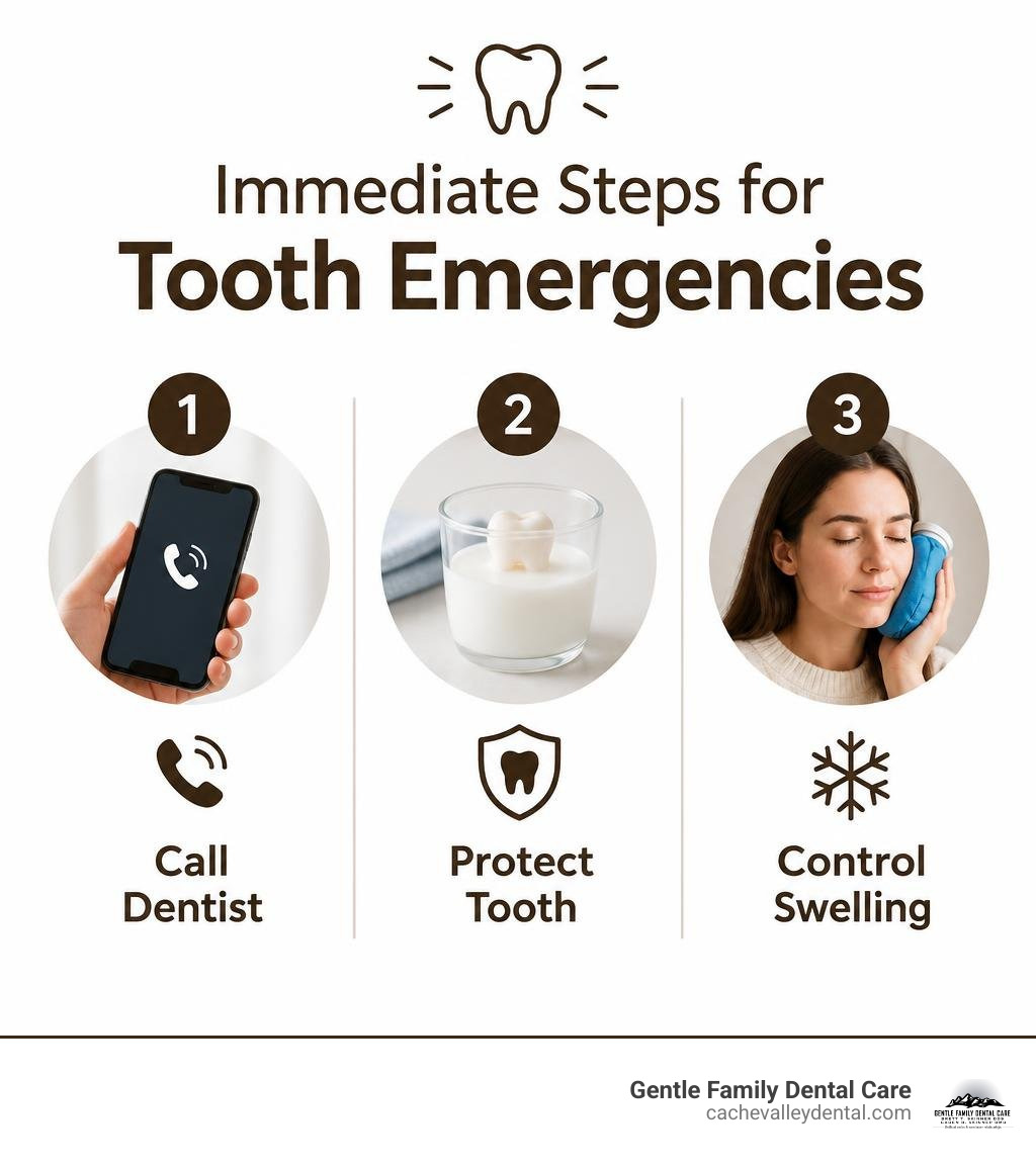 Immediate steps for tooth emergencies: call dentist, protect tooth, control swelling infographic