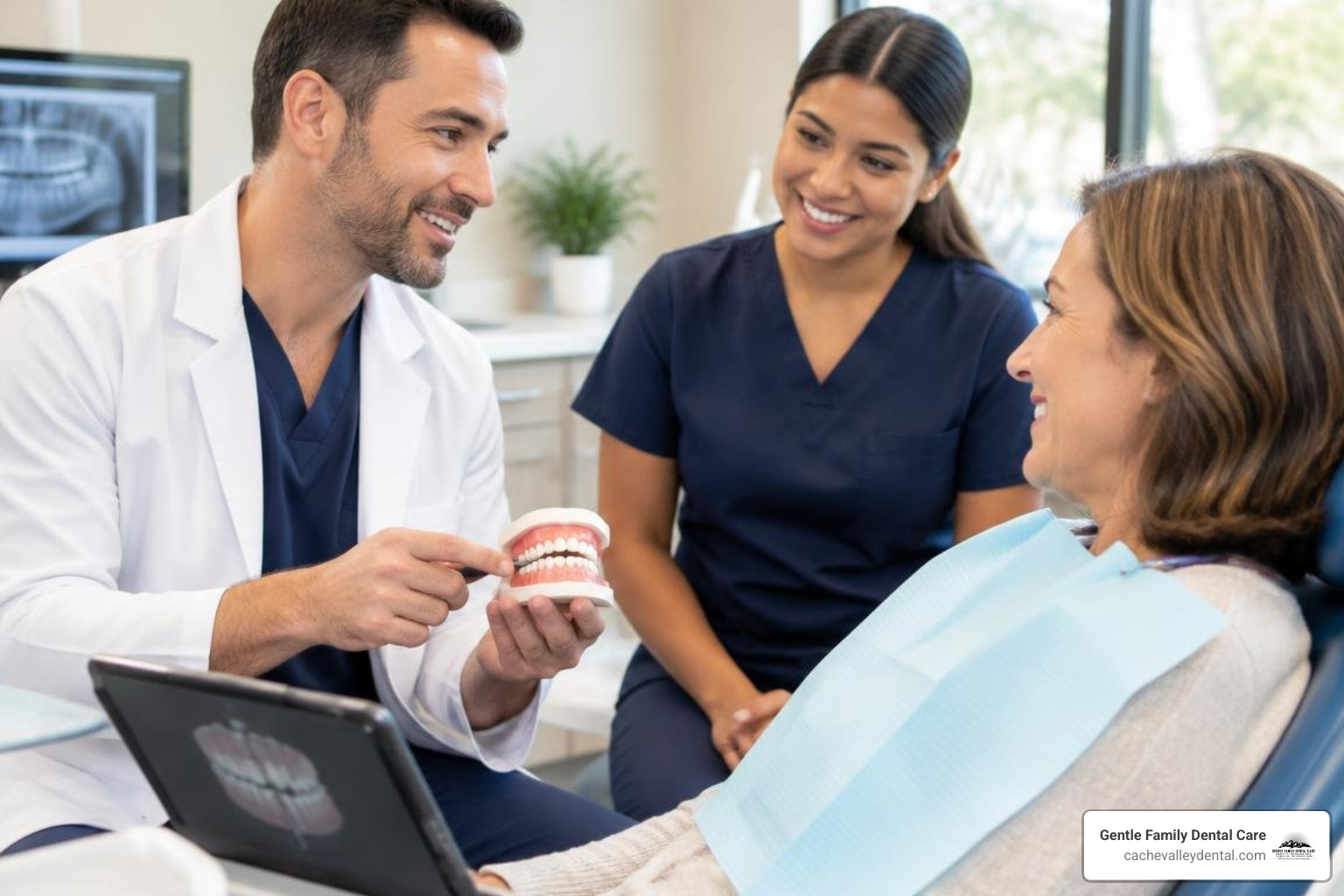 Dental team consulting with a patient about personalized treatment plans