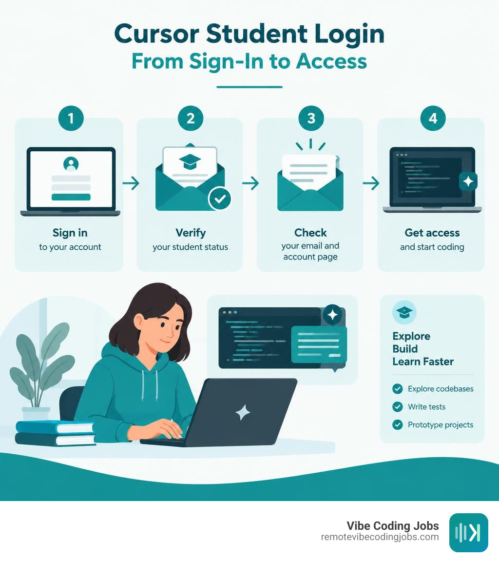 Cursor student login workflow from account sign-in to verification and access infographic