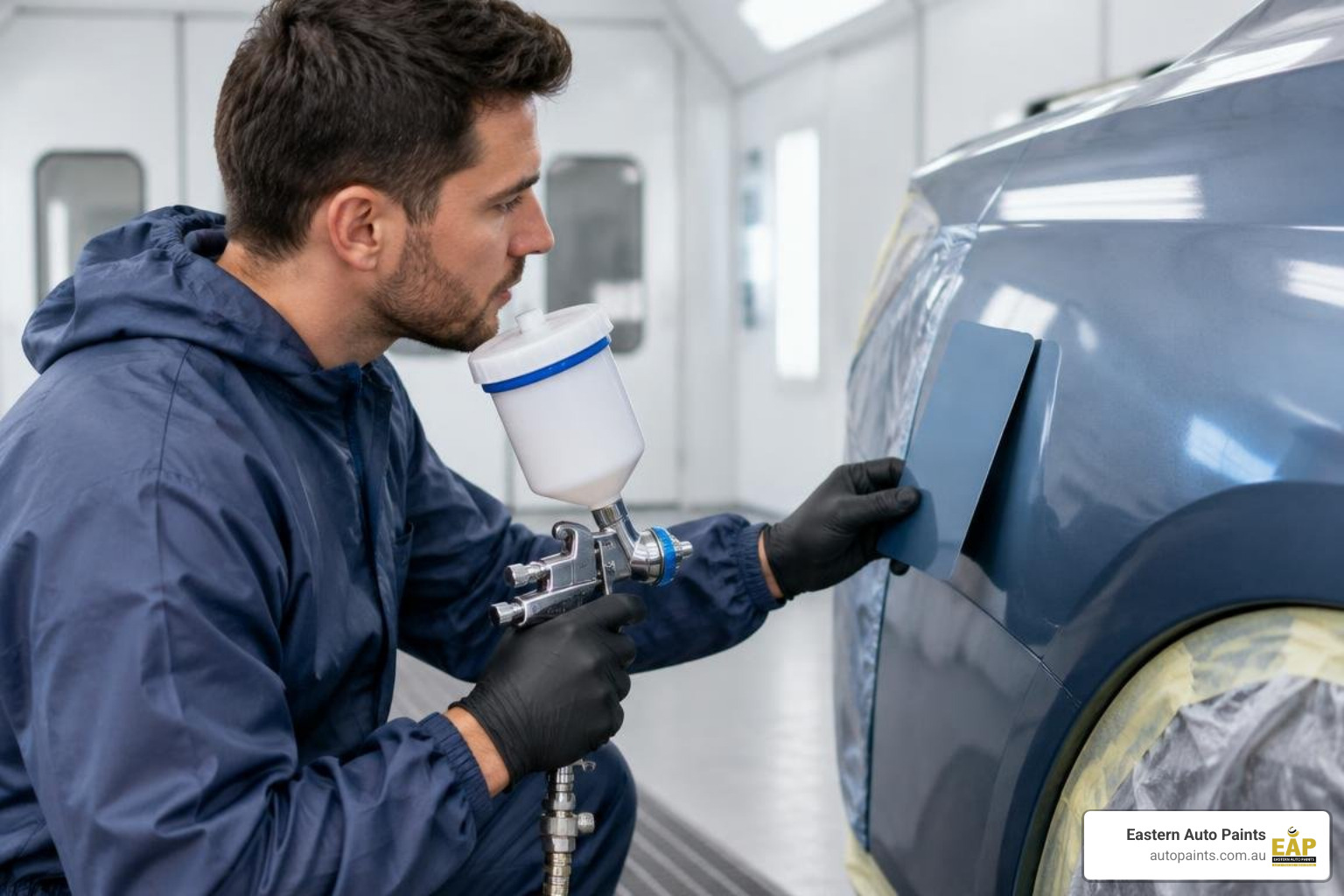 Automotive spray painter checking a mixed test swatch against a car fender in workshop lighting