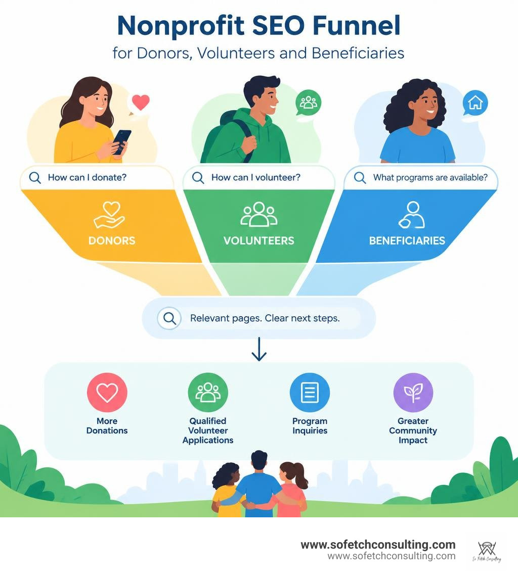 Nonprofit SEO funnel for donors volunteers and beneficiaries infographic Nonprofit SEO funnel for donors volunteers and beneficiaries infographic