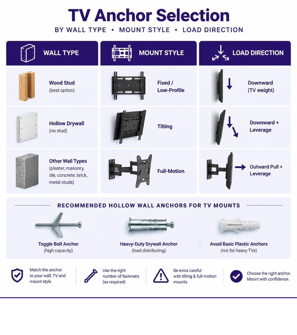 TV anchor selection by wall type mount style and load direction infographic TV anchor selection by wall type mount style and load direction infographic