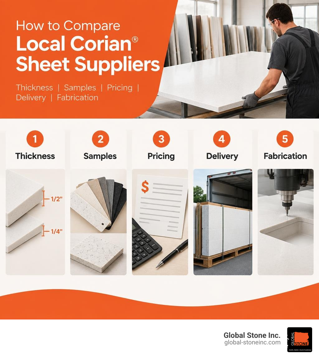 How to compare local Corian sheet suppliers: thickness, samples, pricing, delivery, fabrication infographic