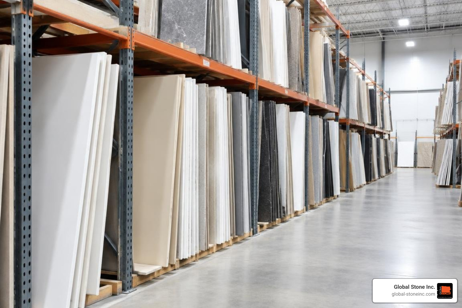 Warehouse storage rack filled with solid surface sheets