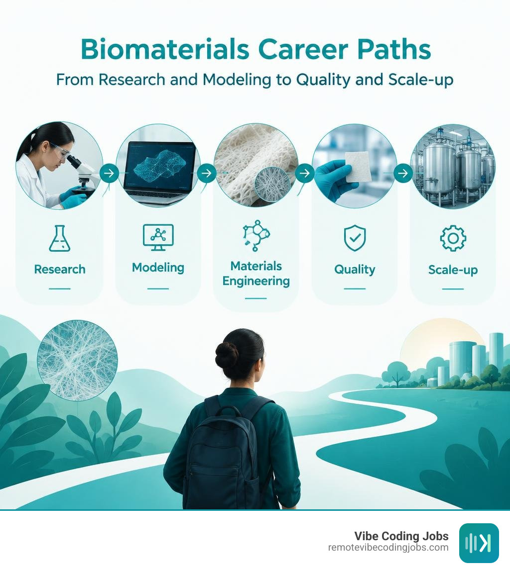 Biomaterials career paths from research and modeling to quality and scale-up infographic