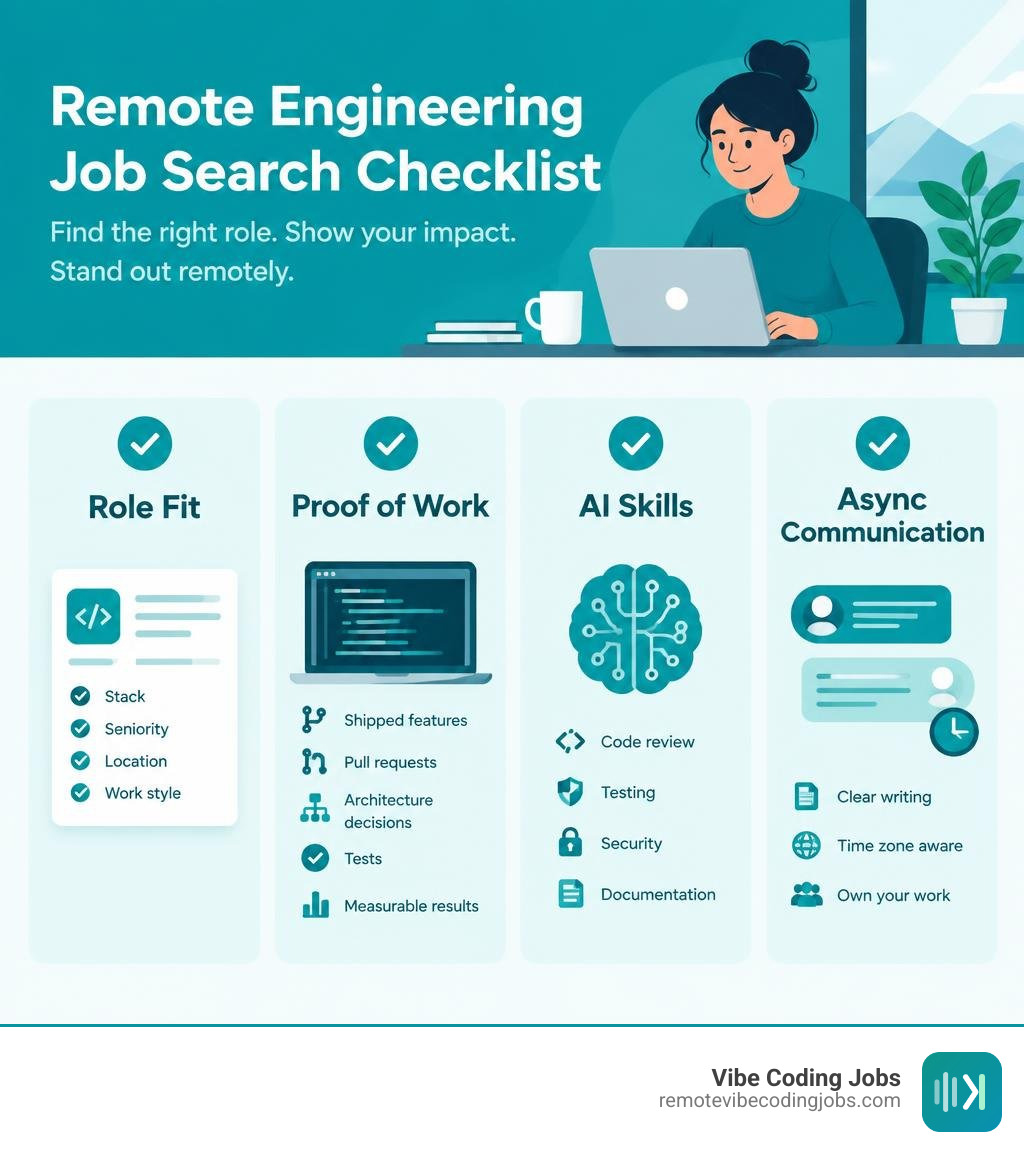 Remote engineering job search checklist: role fit, proof of work, AI skills, async communication infographic