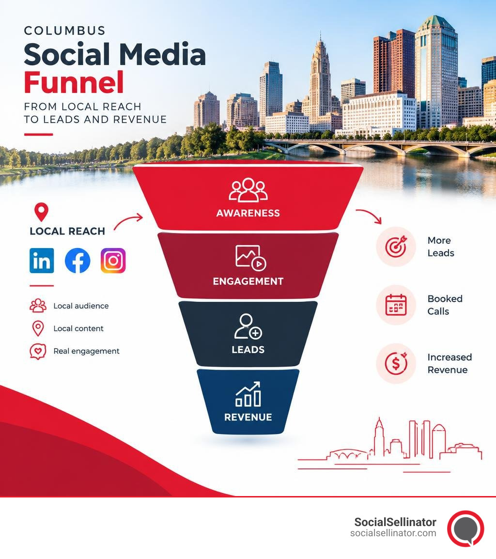 Columbus Social Media Conversion Funnel Infographic showing Columbus social media funnel from local reach to leads and revenue infographic