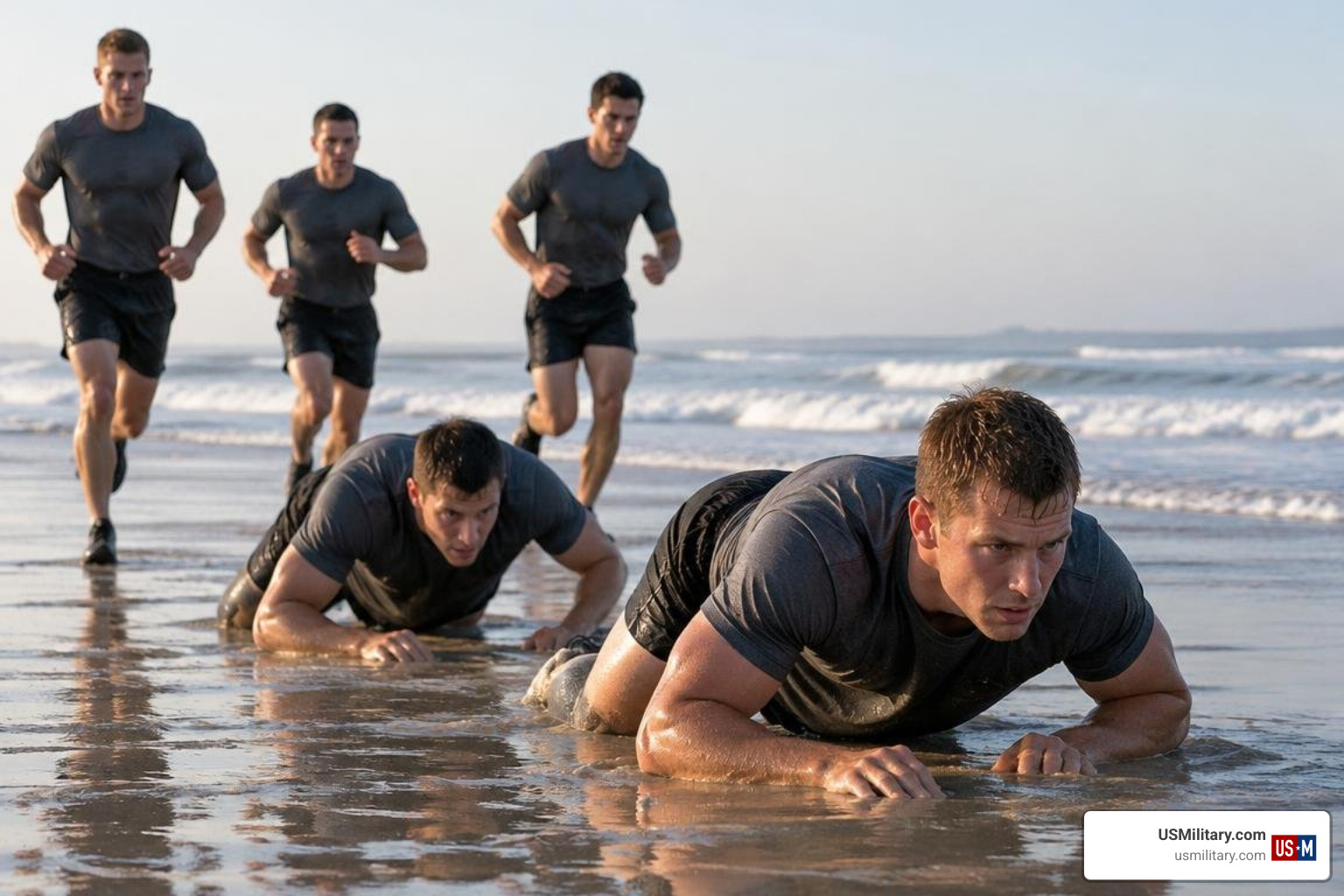 Navy SEAL candidates conducting physical training during BUD/S on Coronado beach Navy SEAL candidates conducting physical training during BUD/S on Coronado beach