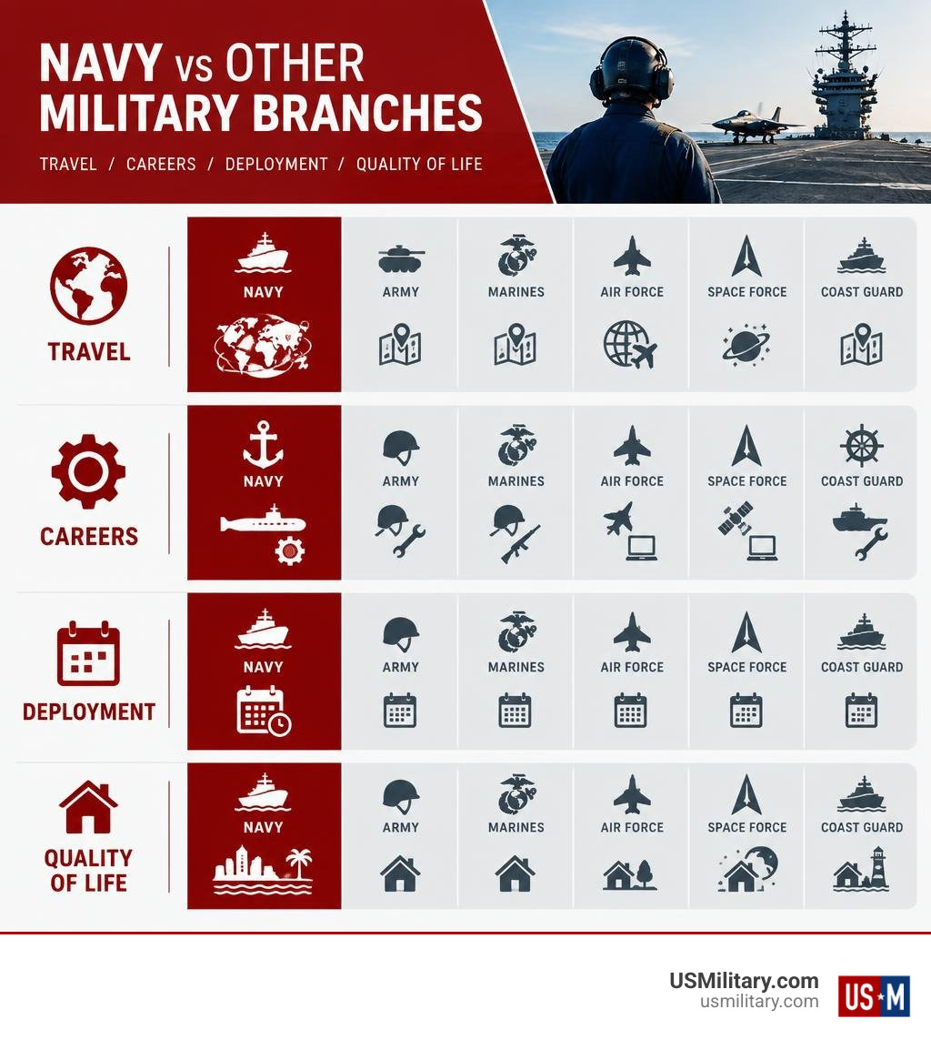Navy versus other military branches comparison: travel, careers, deployment, and quality of life infographic Navy versus other military branches comparison: travel, careers, deployment, and quality of life infographic