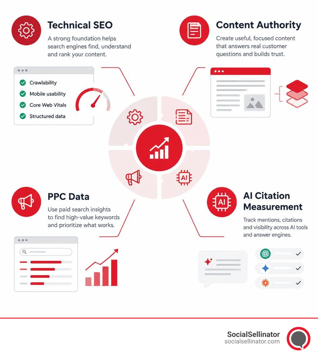 Infographic showing technical SEO content authority PPC data and AI citation measurement infographic Infographic showing technical SEO content authority PPC data and AI citation measurement infographic