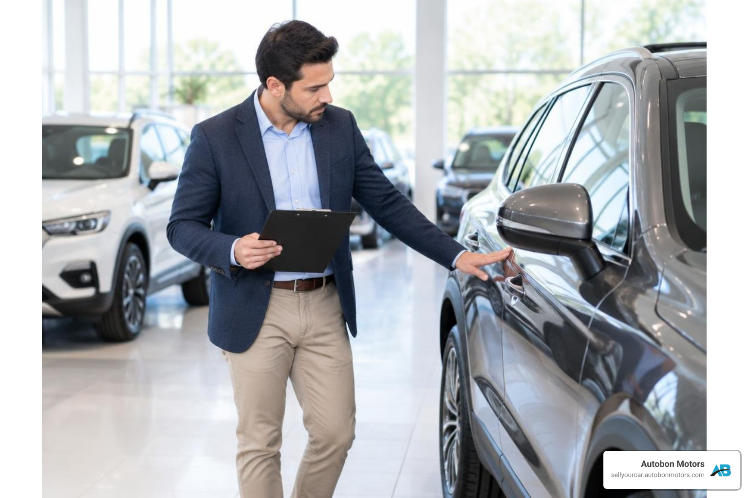 professional car appraiser inspecting a vehicle on a showroom floor professional car appraiser inspecting a vehicle on a showroom floor