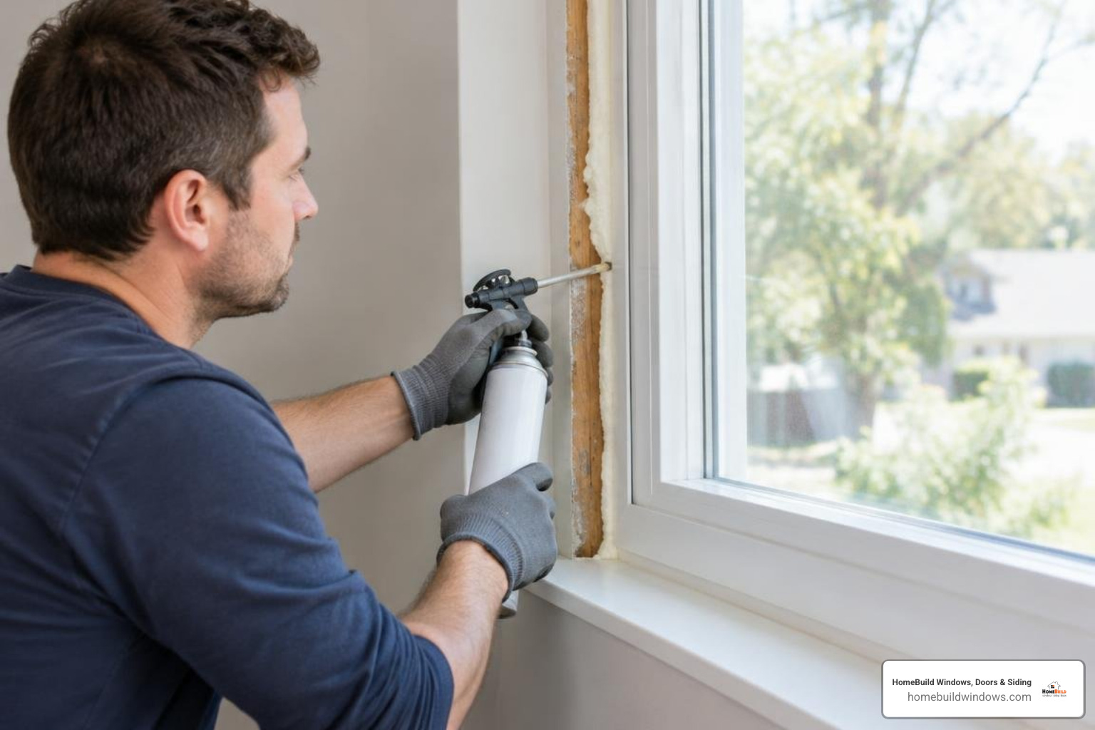 Insulating window perimeter with low expansion spray foam